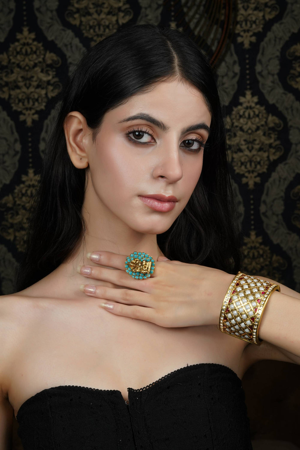 Gold-Plated Pearl & Ruby Lattice Bangle