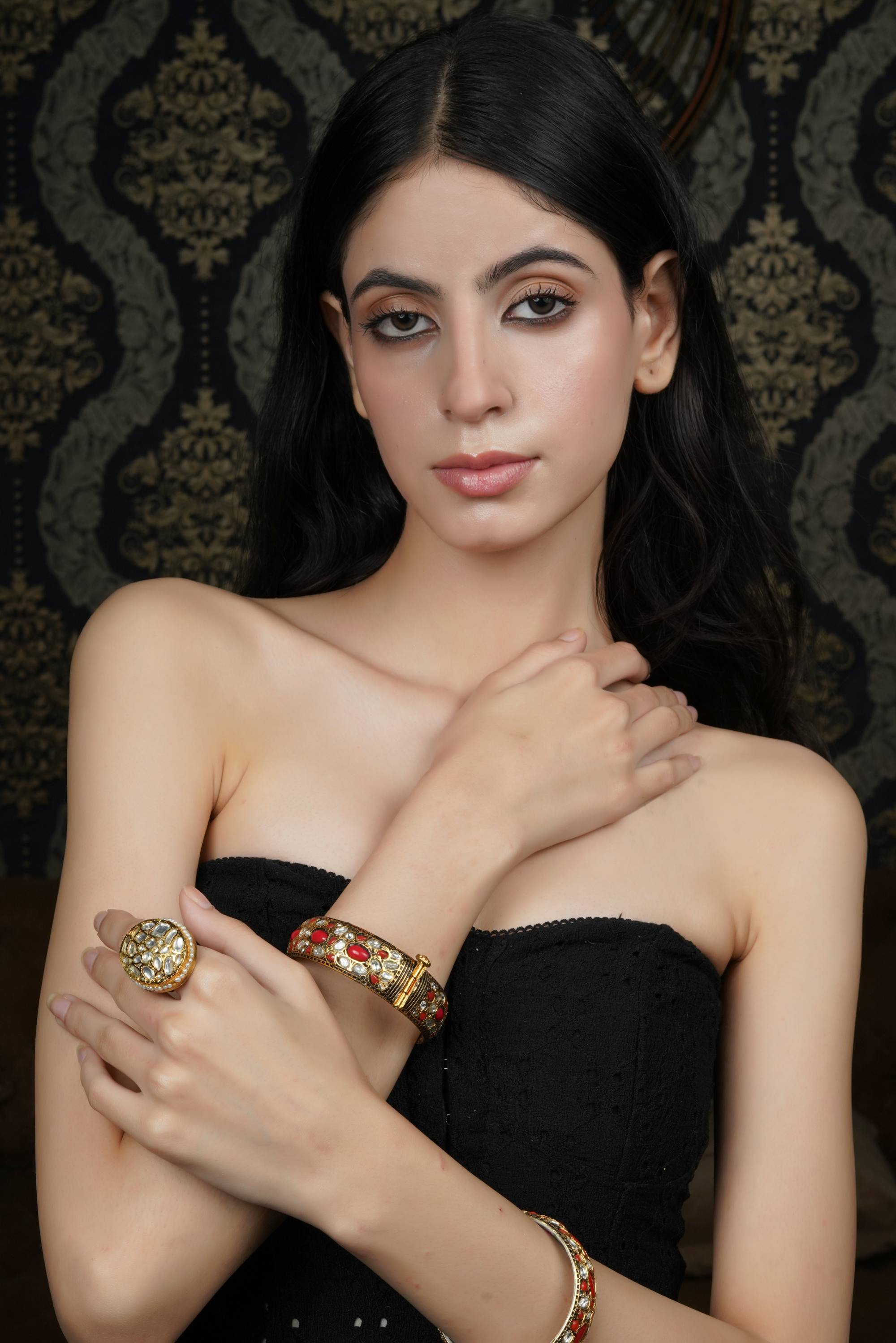 Traditional Gold-Plated Red and White Stone Bangle Bracelet