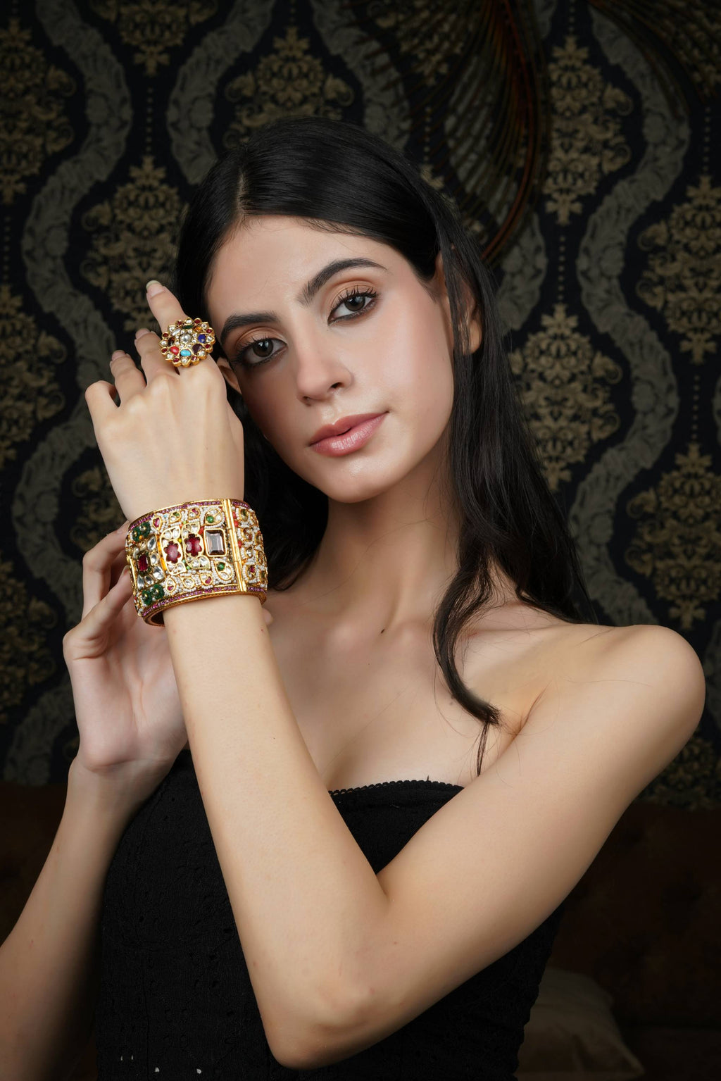 Grand Multicolor Gemstone Gold Plated Bangle with Matching Ring