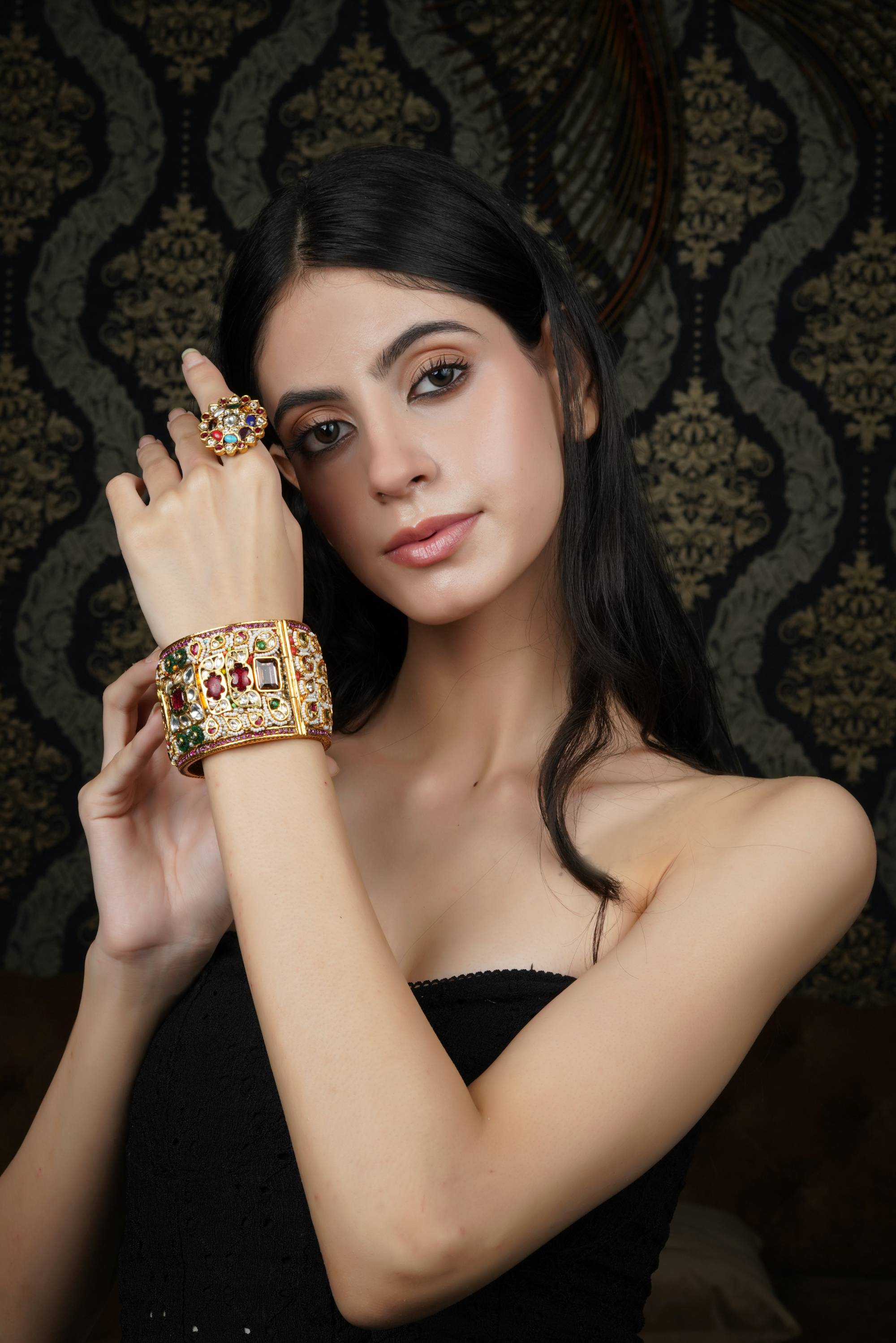 Grand Multicolor Gemstone Gold Plated Bangle with Matching Ring