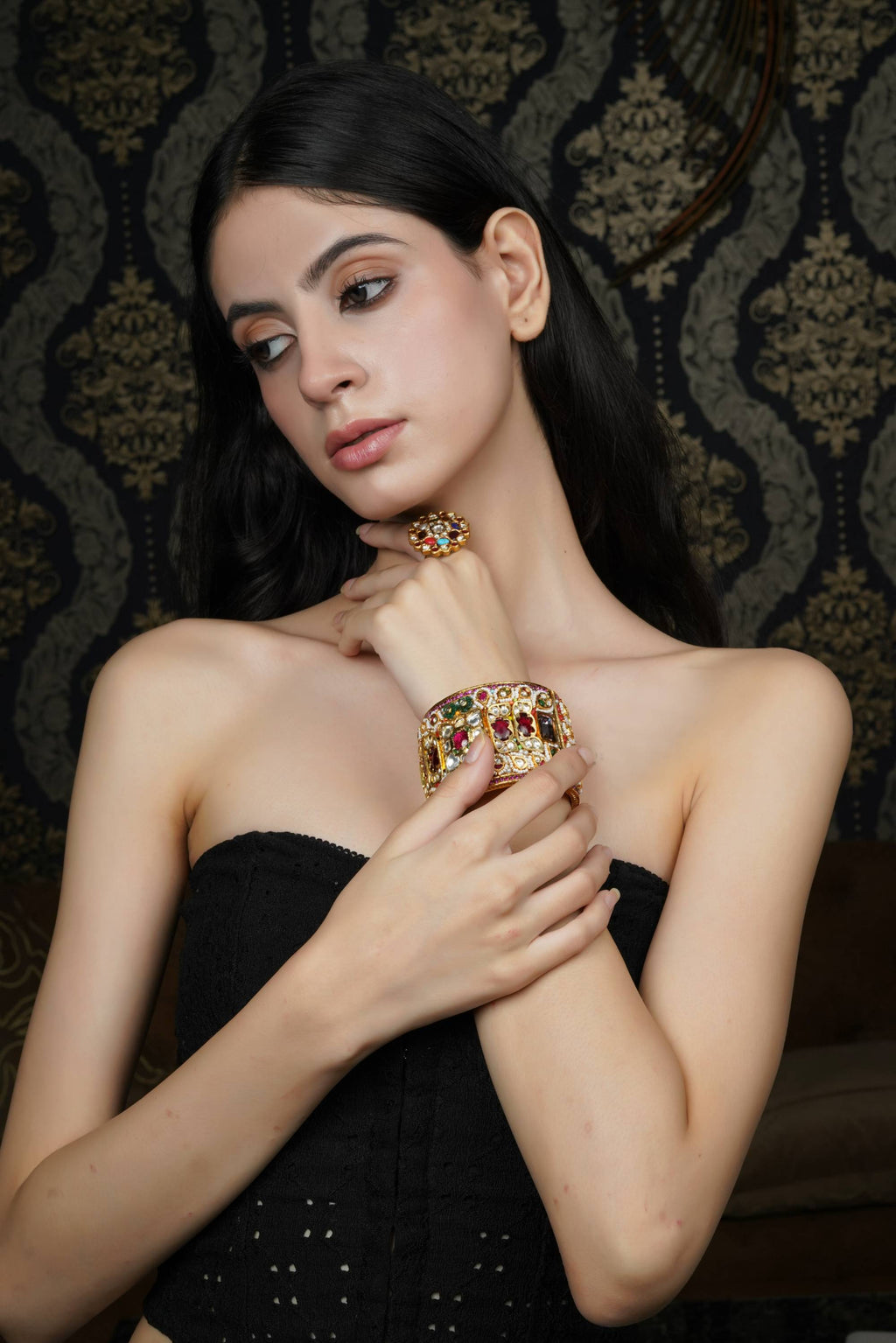 Grand Multicolor Gemstone Gold Plated Bangle with Matching Ring