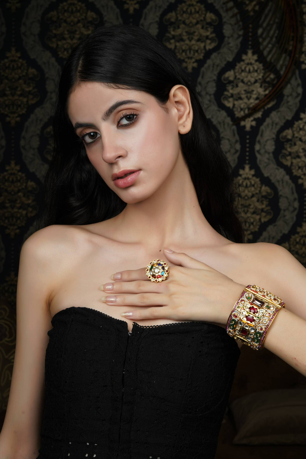 Grand Multicolor Gemstone Gold Plated Bangle with Matching Ring