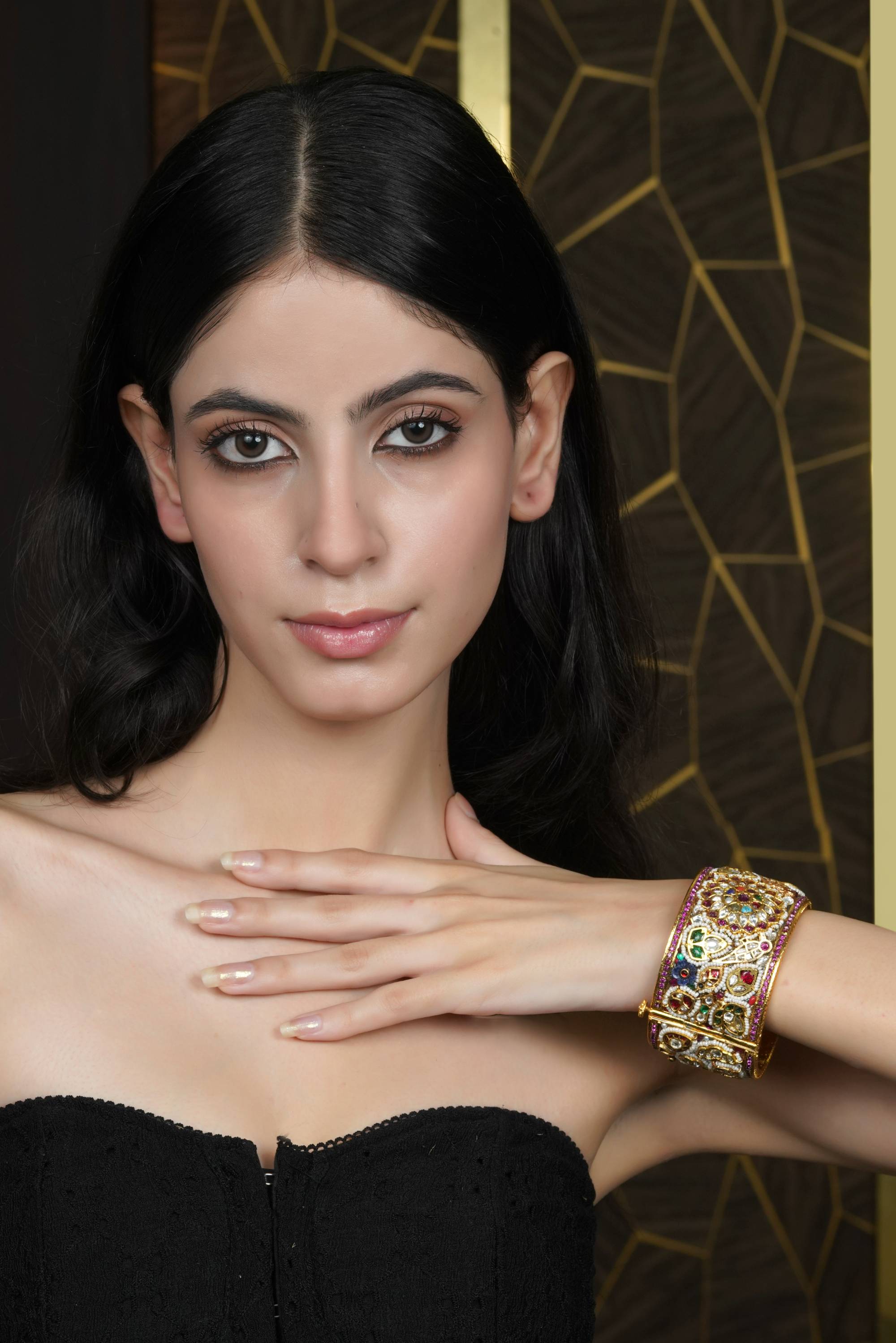 Multi-Gemstone Gold-Toned Cuff Bangle