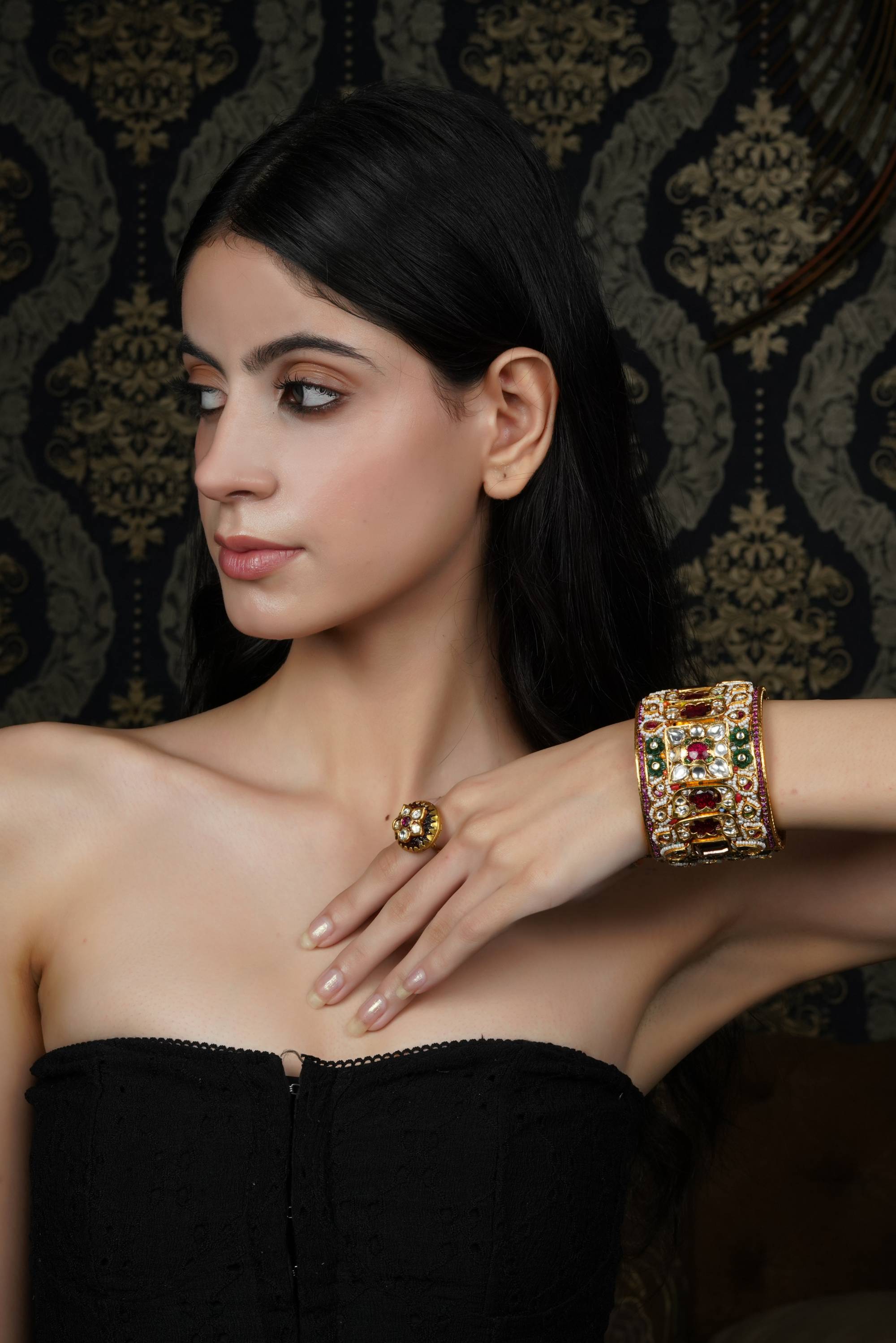 Kundan & Multi-Gemstone Broad Bangle