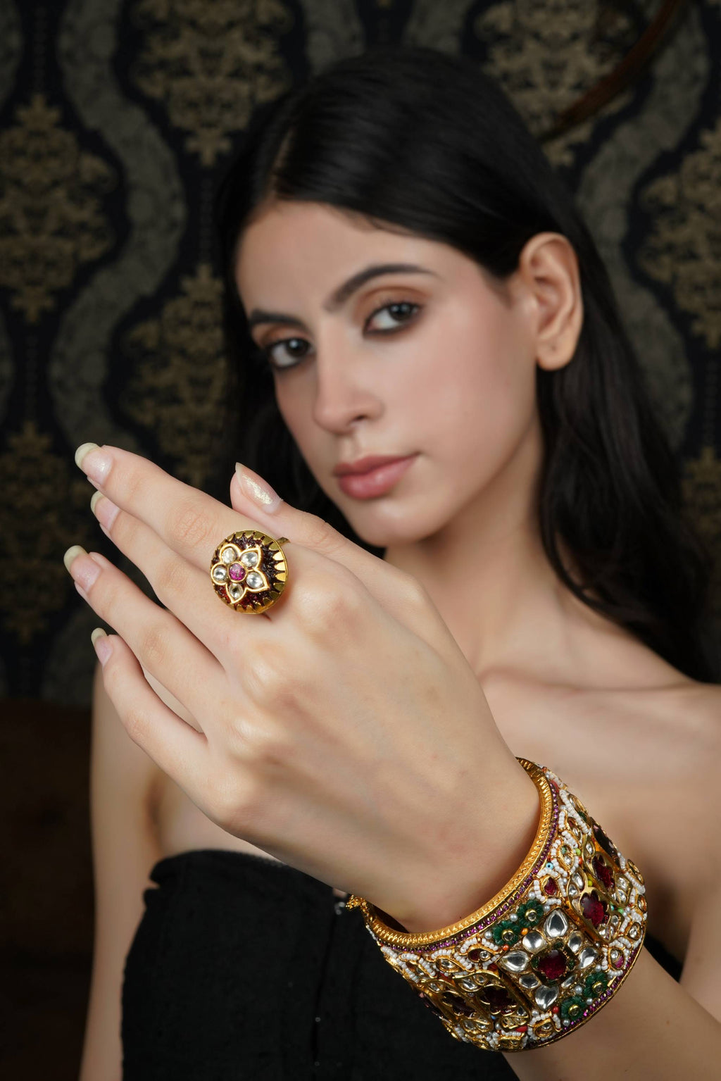 Kundan & Multi-Gemstone Broad Bangle
