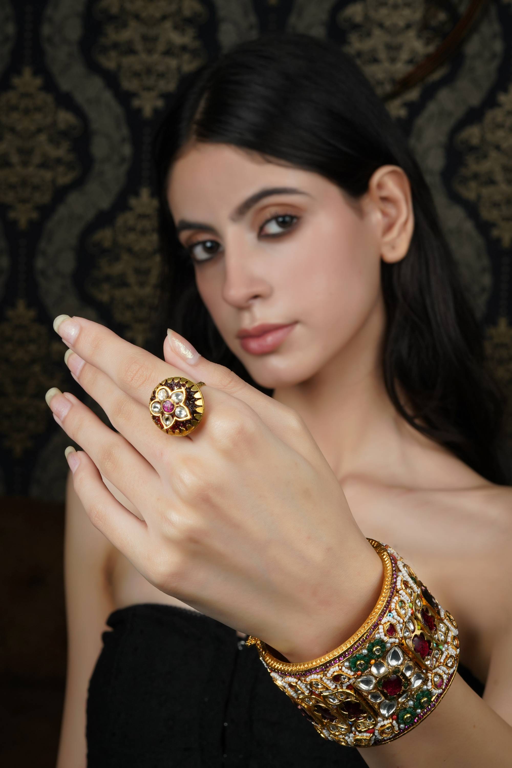 Kundan & Multi-Gemstone Broad Bangle