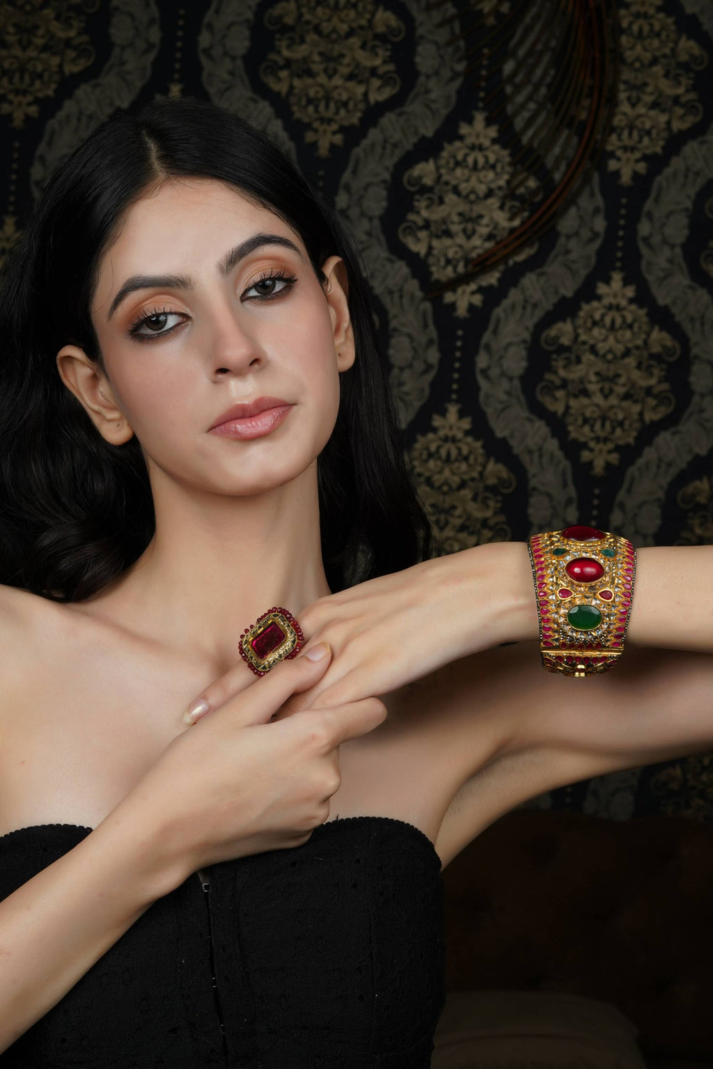 Regal Ruby & Emerald Gold-Toned Bangle