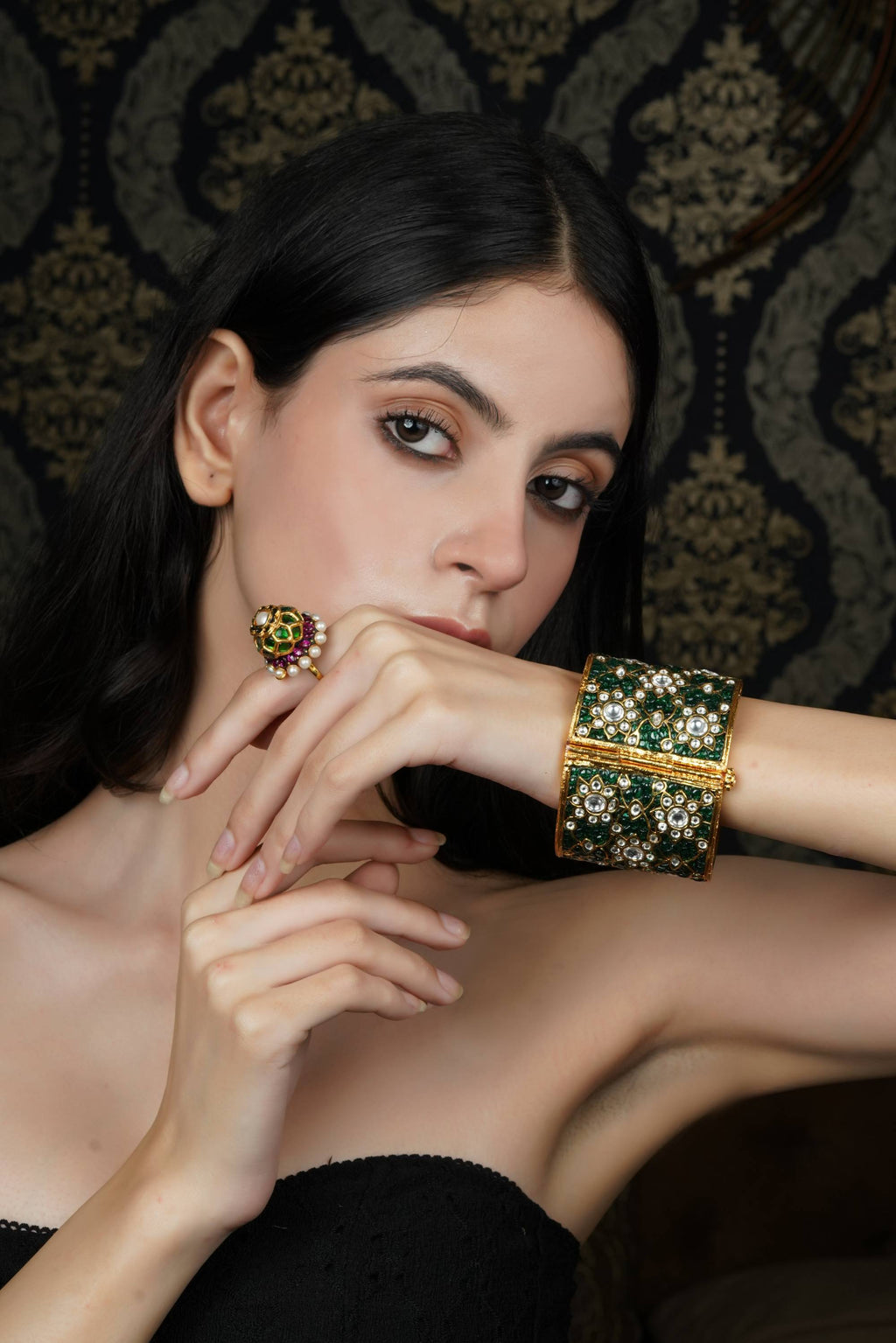 Emerald Green & White Stone Gold-Plated Bangle