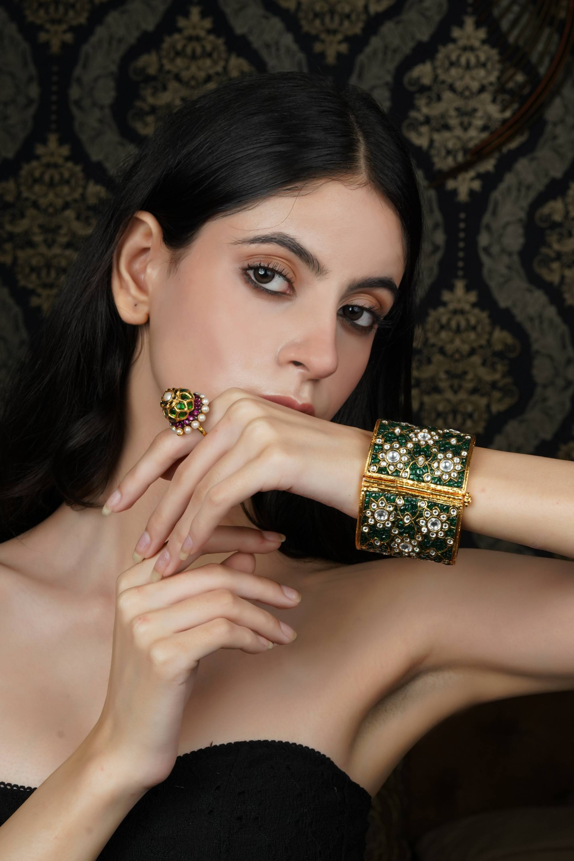 Emerald Green & White Stone Gold-Plated Bangle