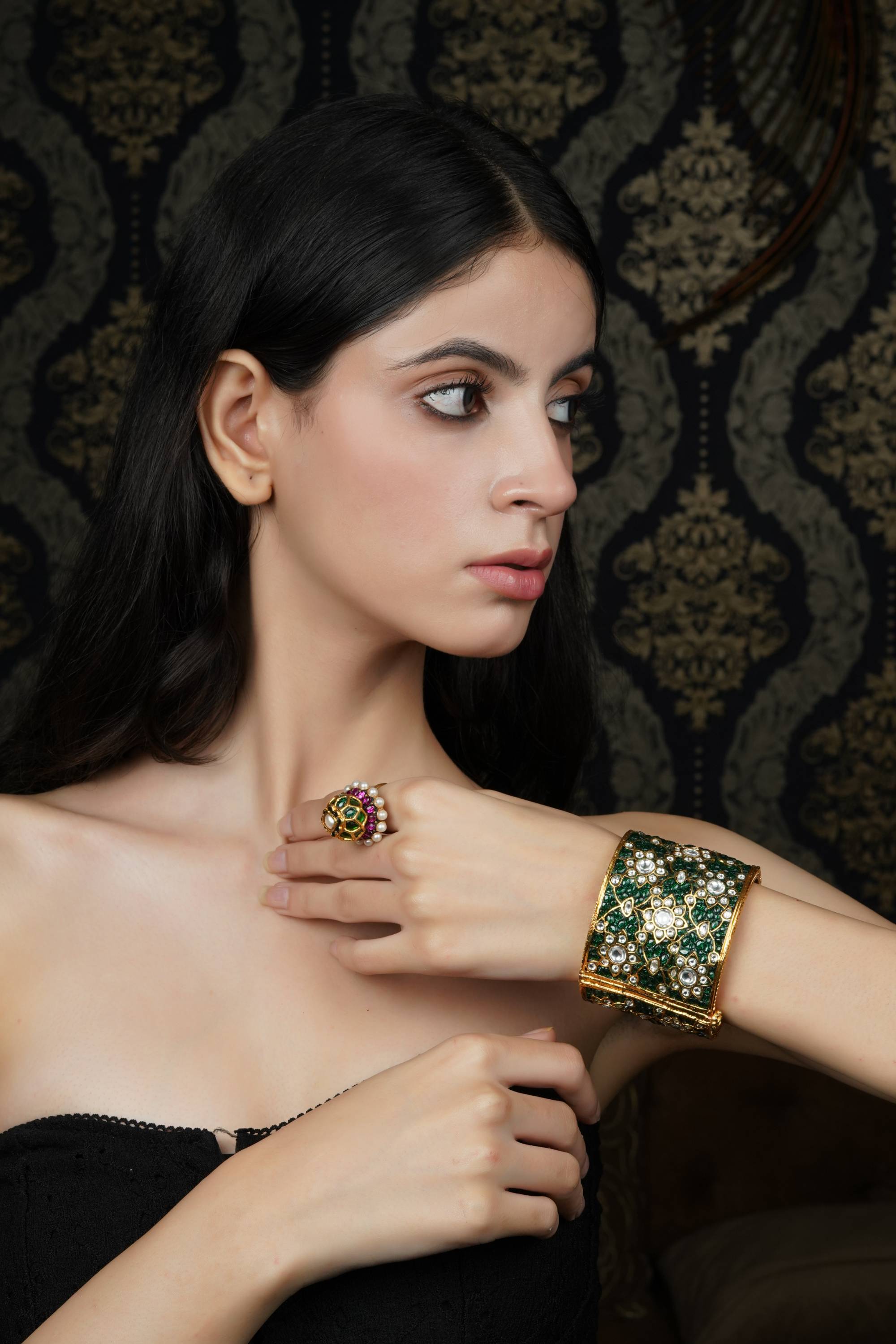 Emerald Green & White Stone Gold-Plated Bangle