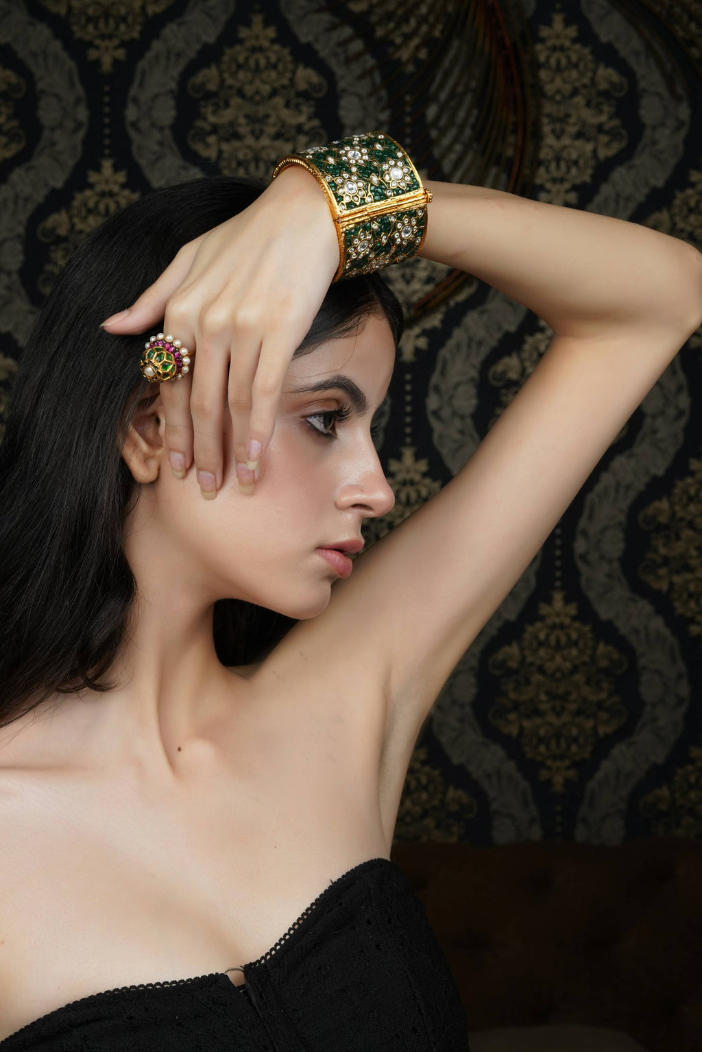 Emerald Green & White Stone Gold-Plated Bangle