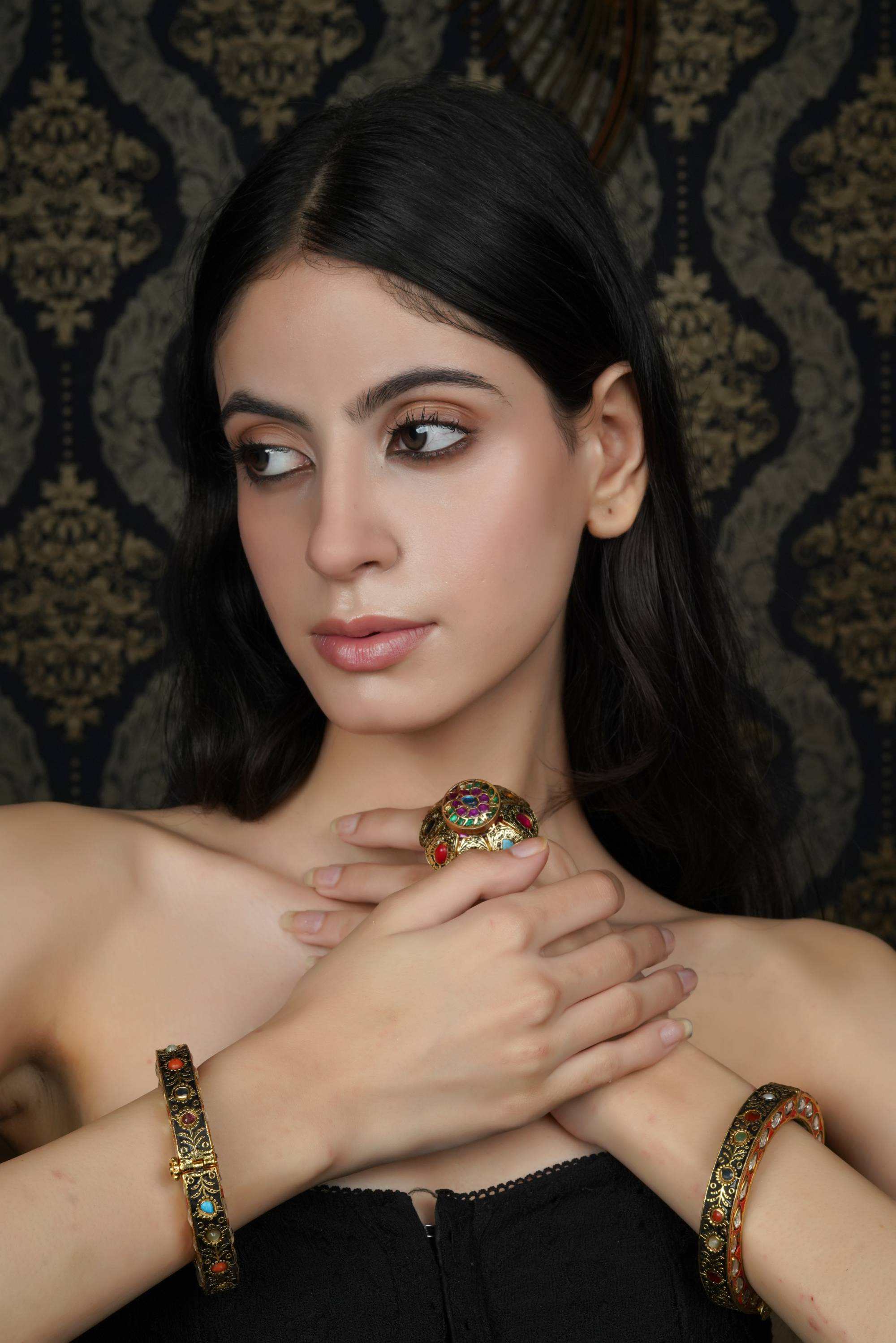 Ornate Gold-Toned Bangle with Colorful Stones