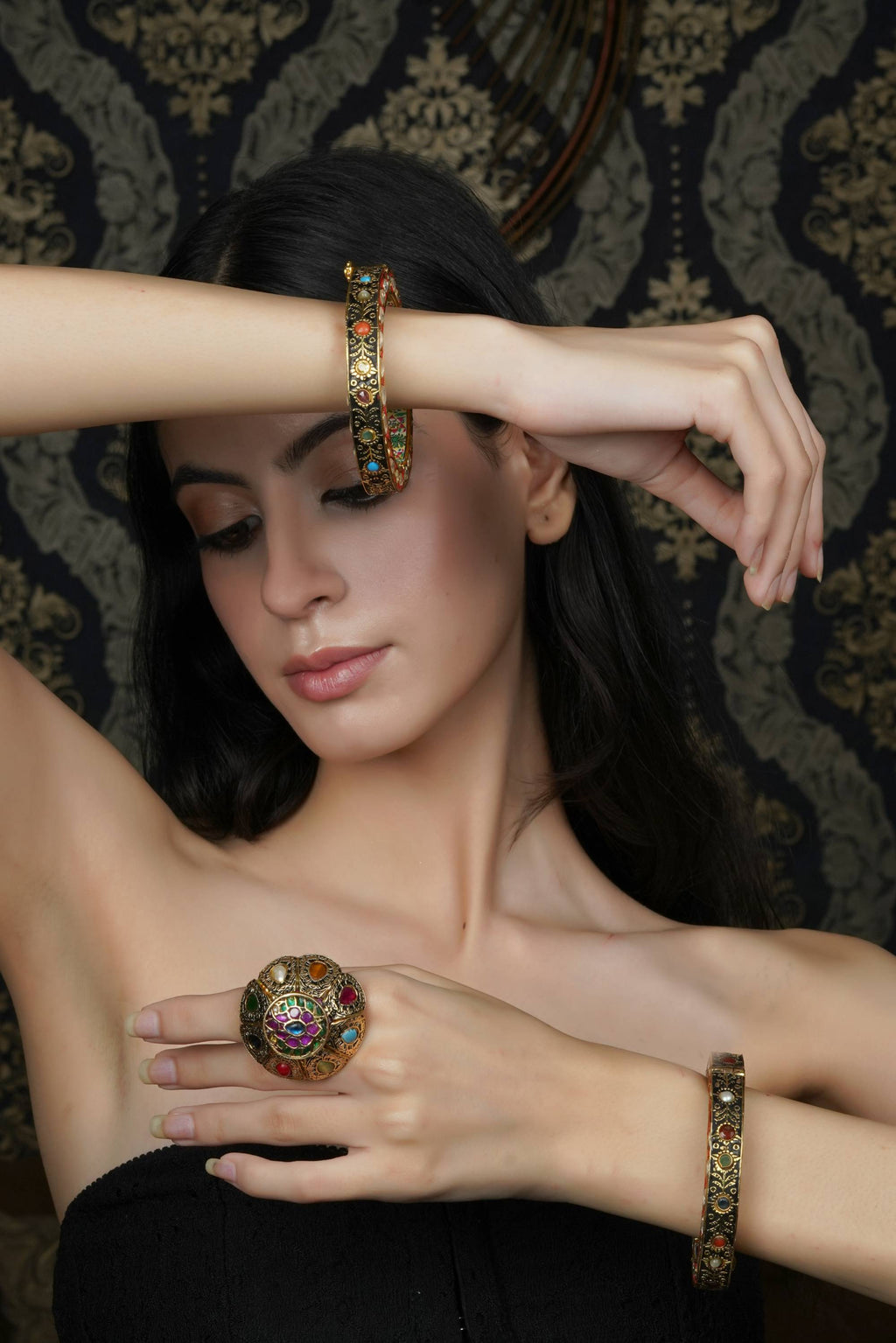 Ornate Gold-Toned Bangle with Colorful Stones