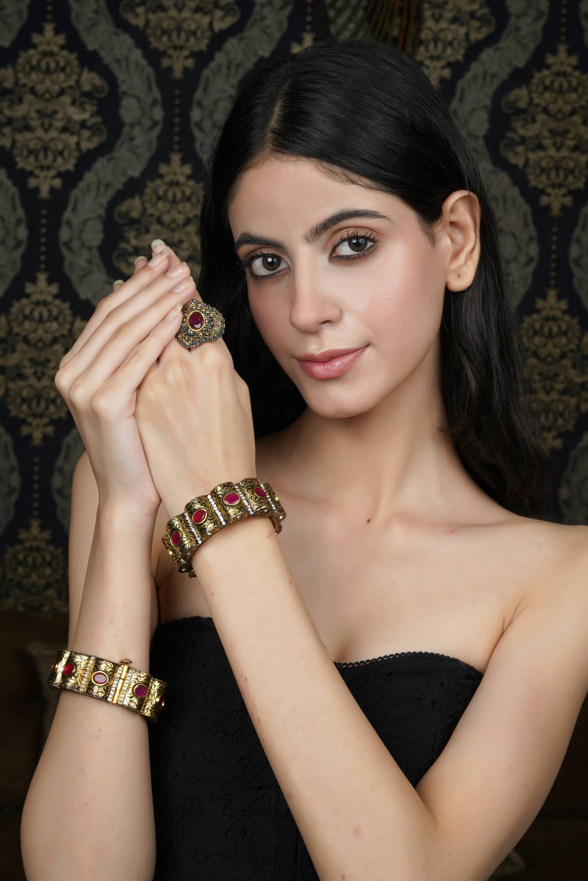 Golden Ruby Stone & White Embellished Bangle