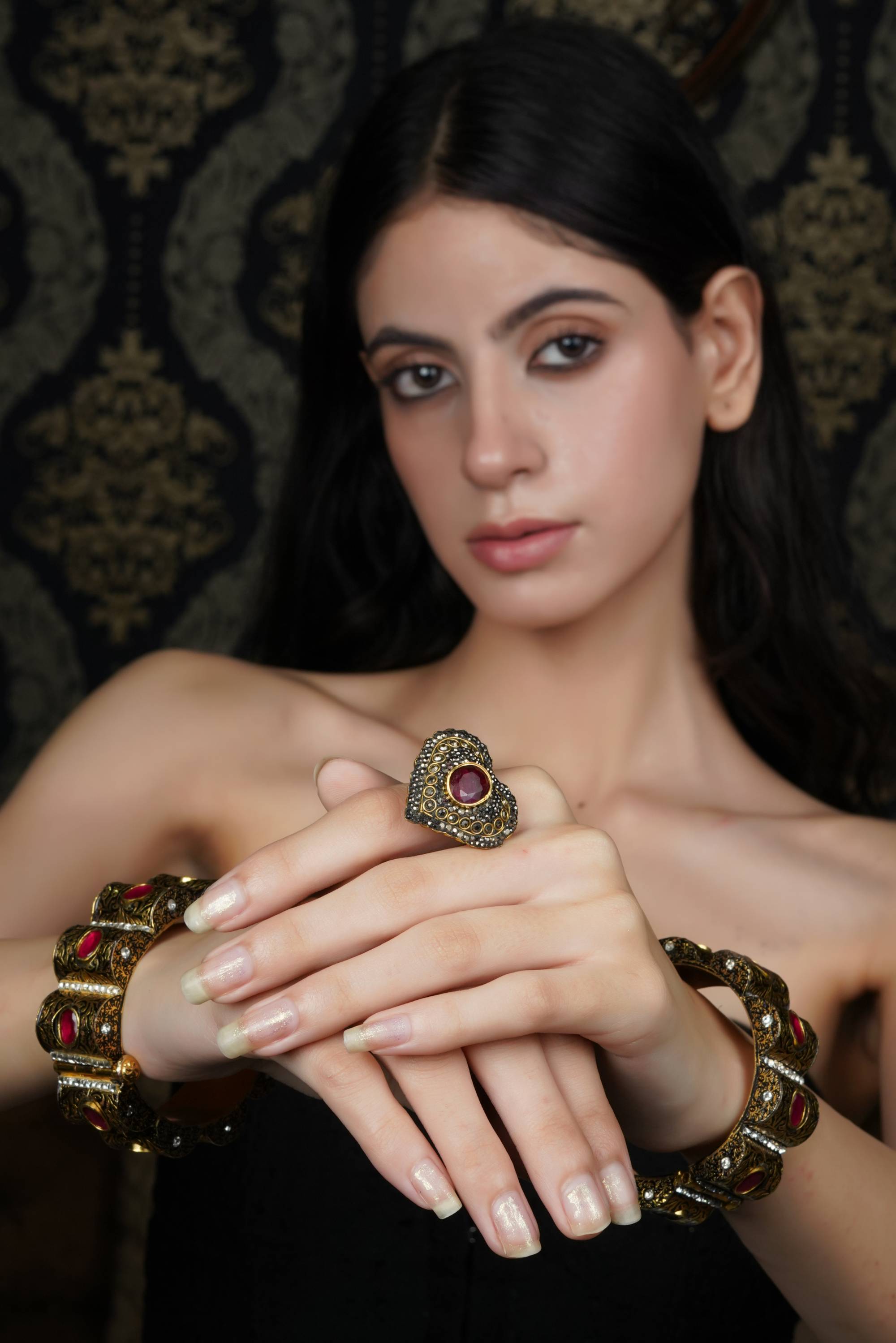 Golden Ruby Stone & White Embellished Bangle