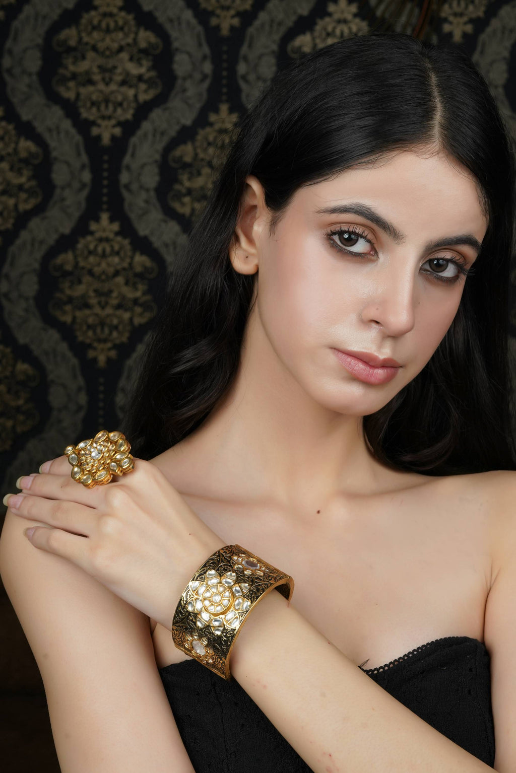 Ornate Kundan-Style Gold & Black Statement Bangle