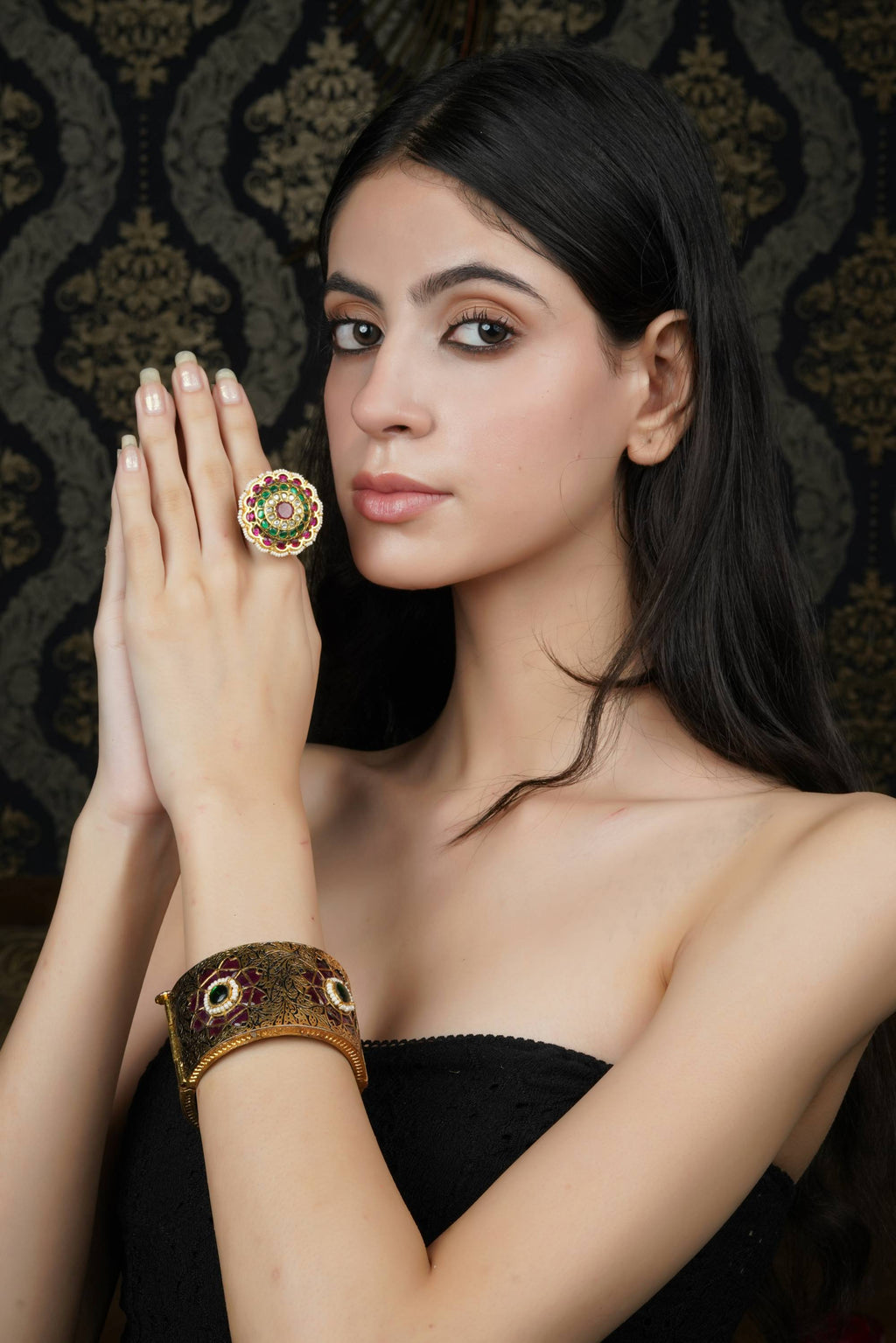 Ruby & Green Stone Gold-Toned Bangle