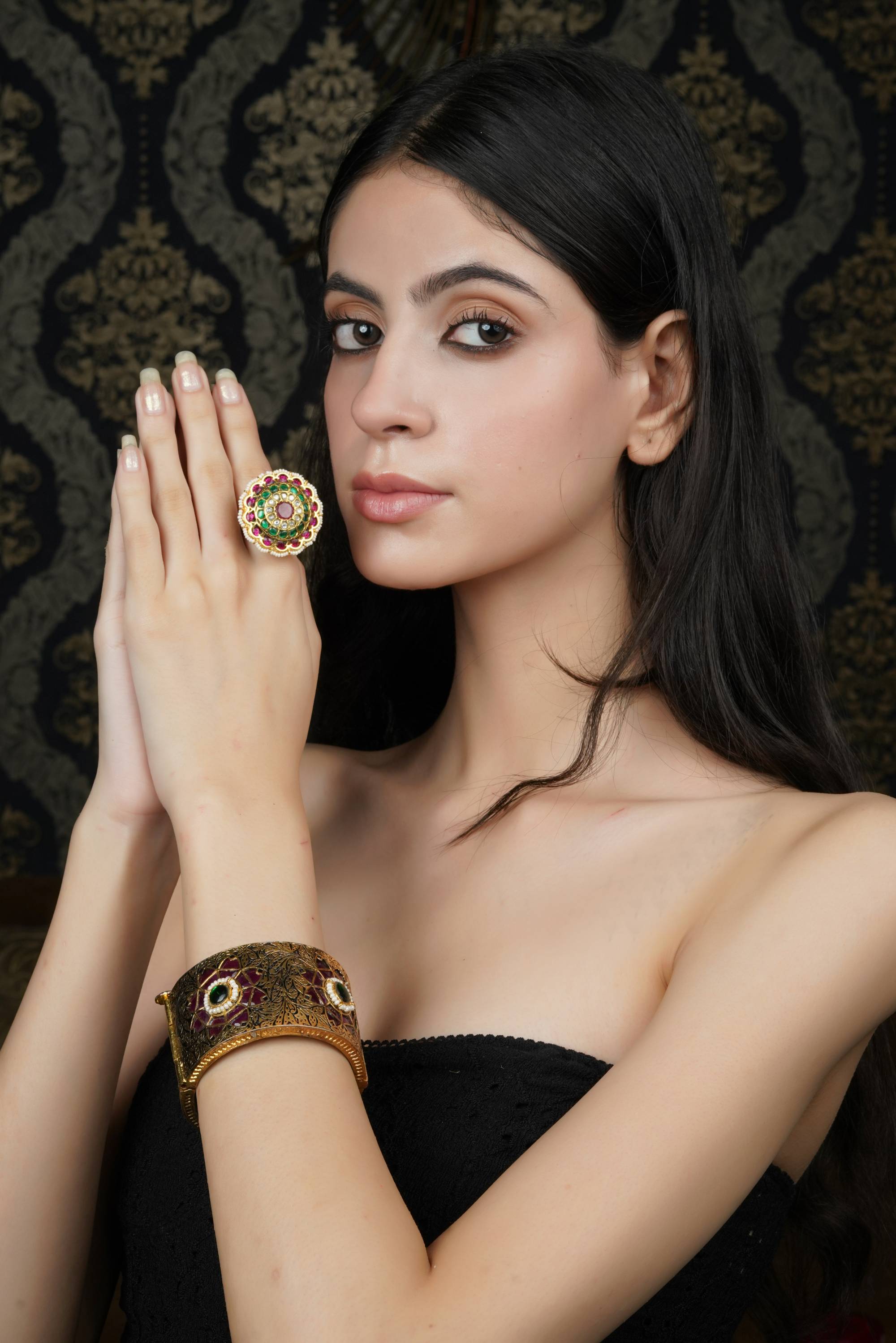 Ruby & Green Stone Gold-Toned Bangle