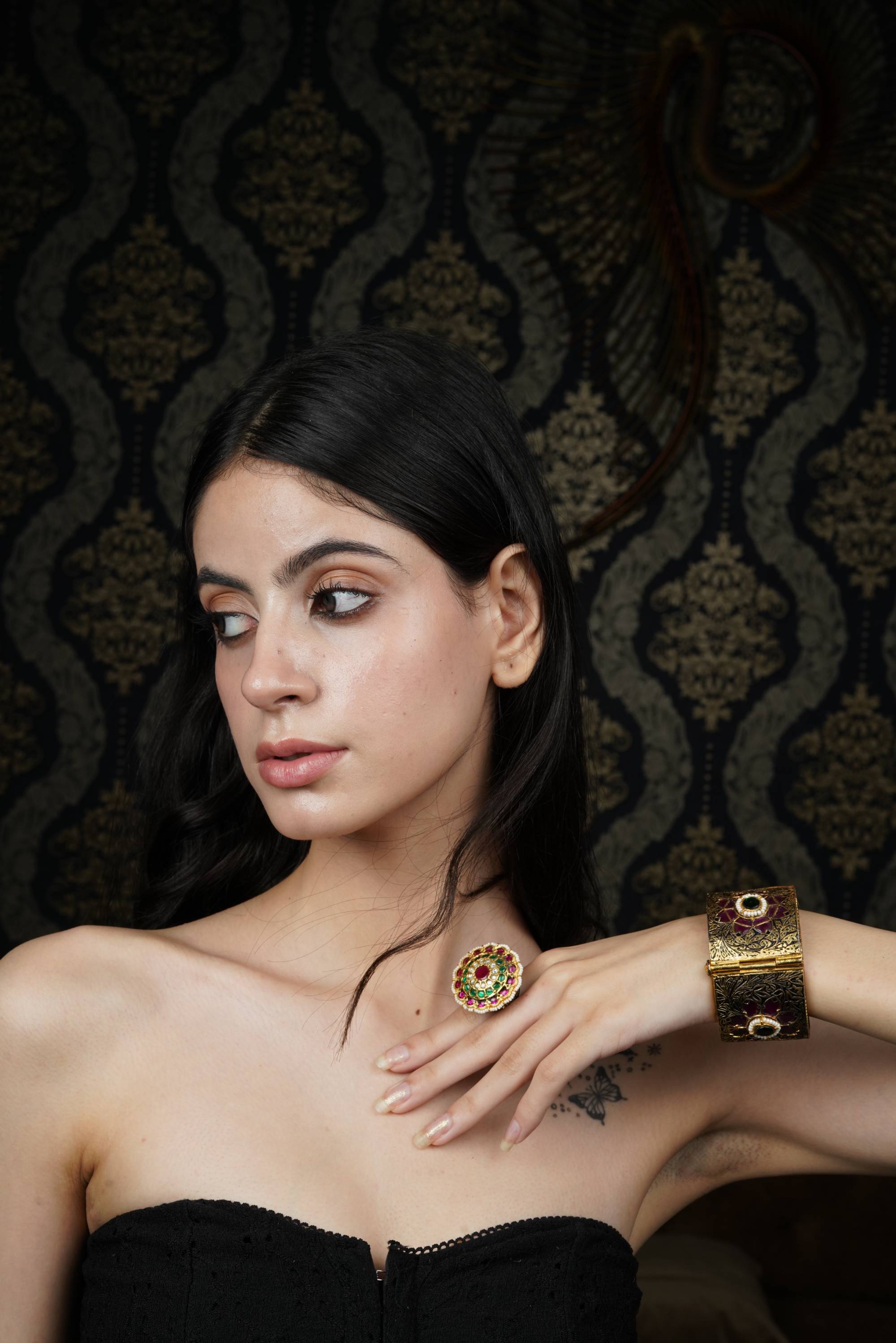 Ruby & Green Stone Gold-Toned Bangle