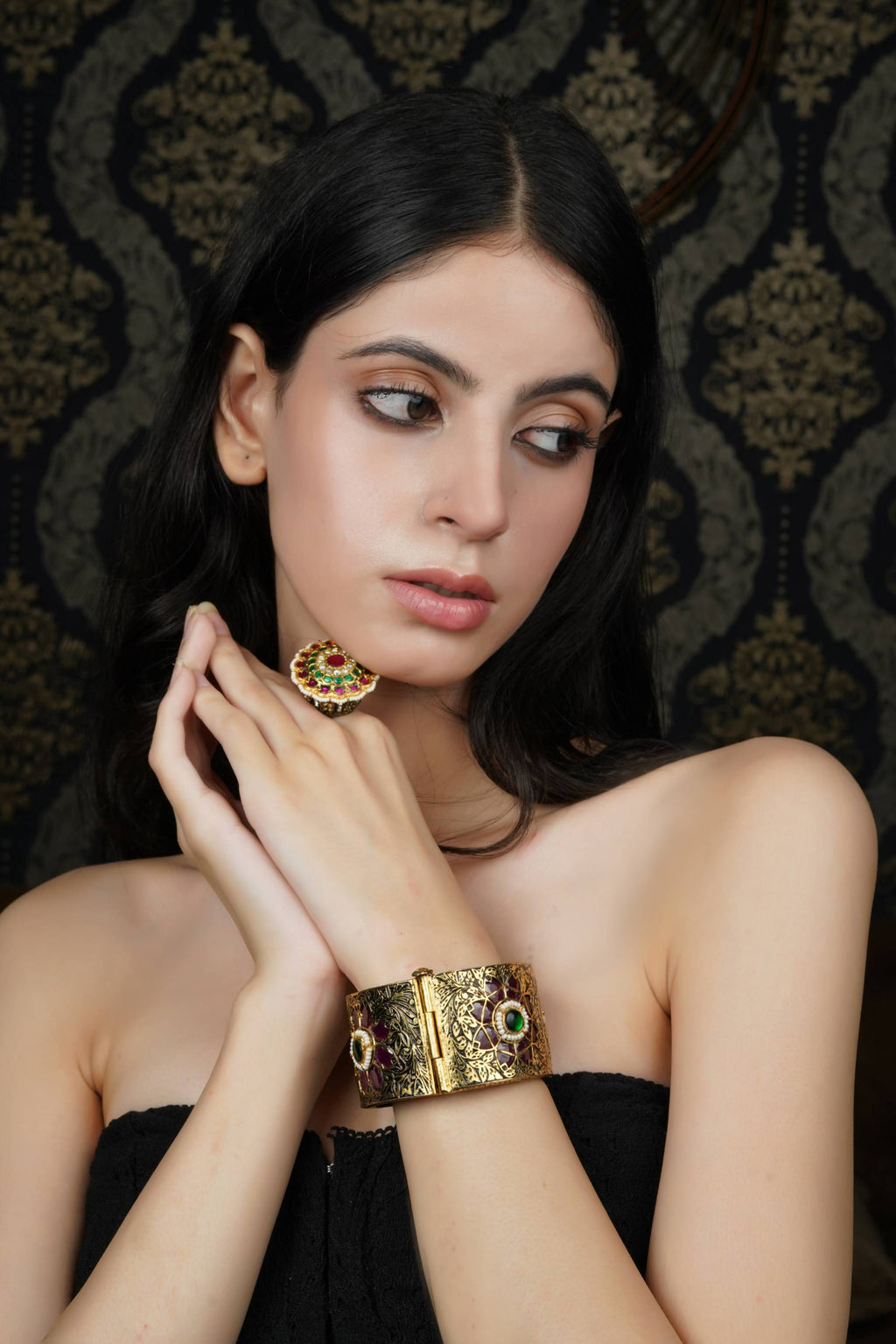 Ruby & Green Stone Gold-Toned Bangle