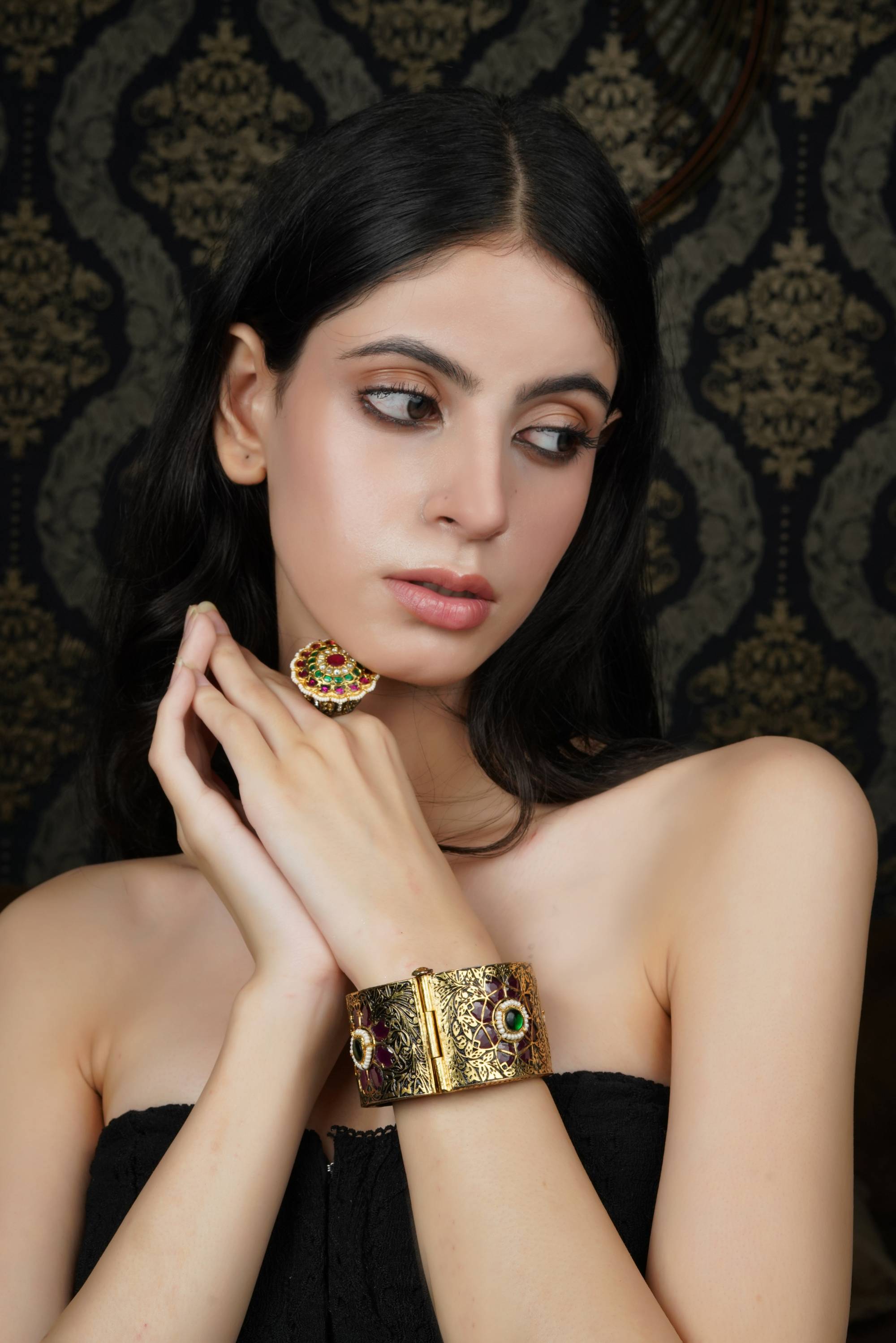 Ruby & Green Stone Gold-Toned Bangle