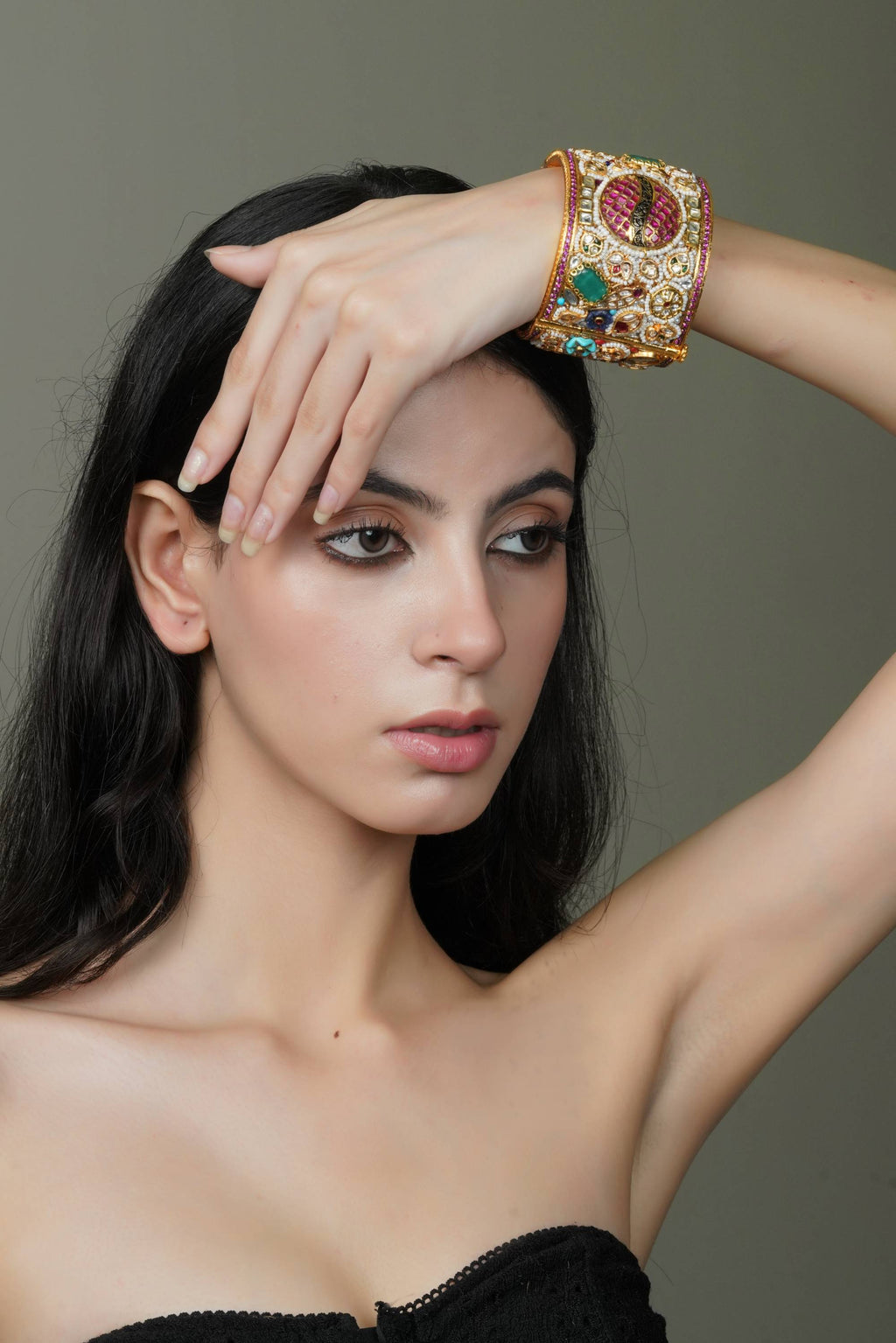 Ornate Multi-Stone & Pearl Gold-Toned Bangle