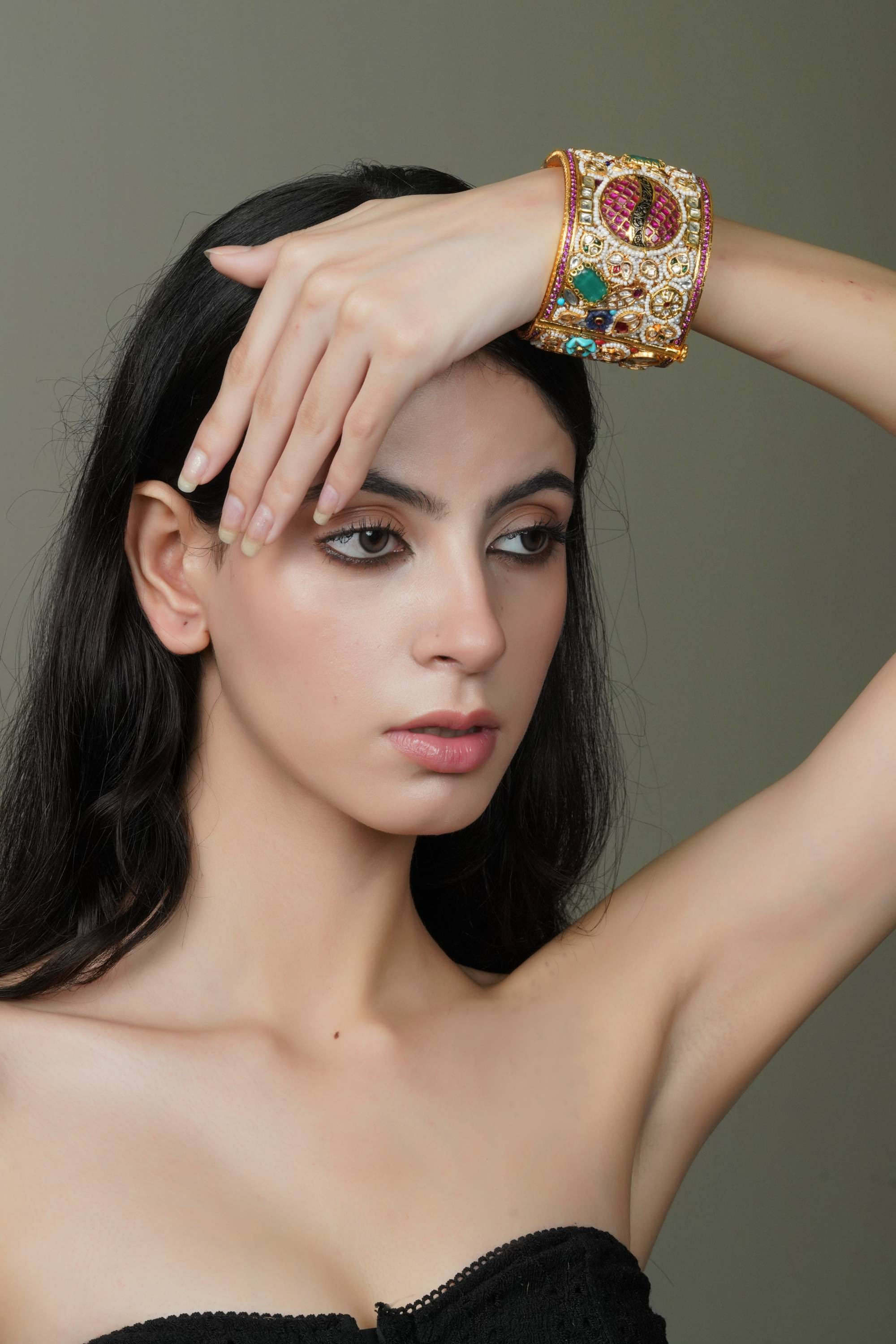 Ornate Multi-Stone & Pearl Gold-Toned Bangle