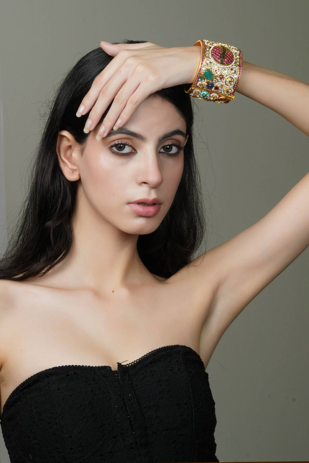 Ornate Multi-Stone & Pearl Gold-Toned Bangle