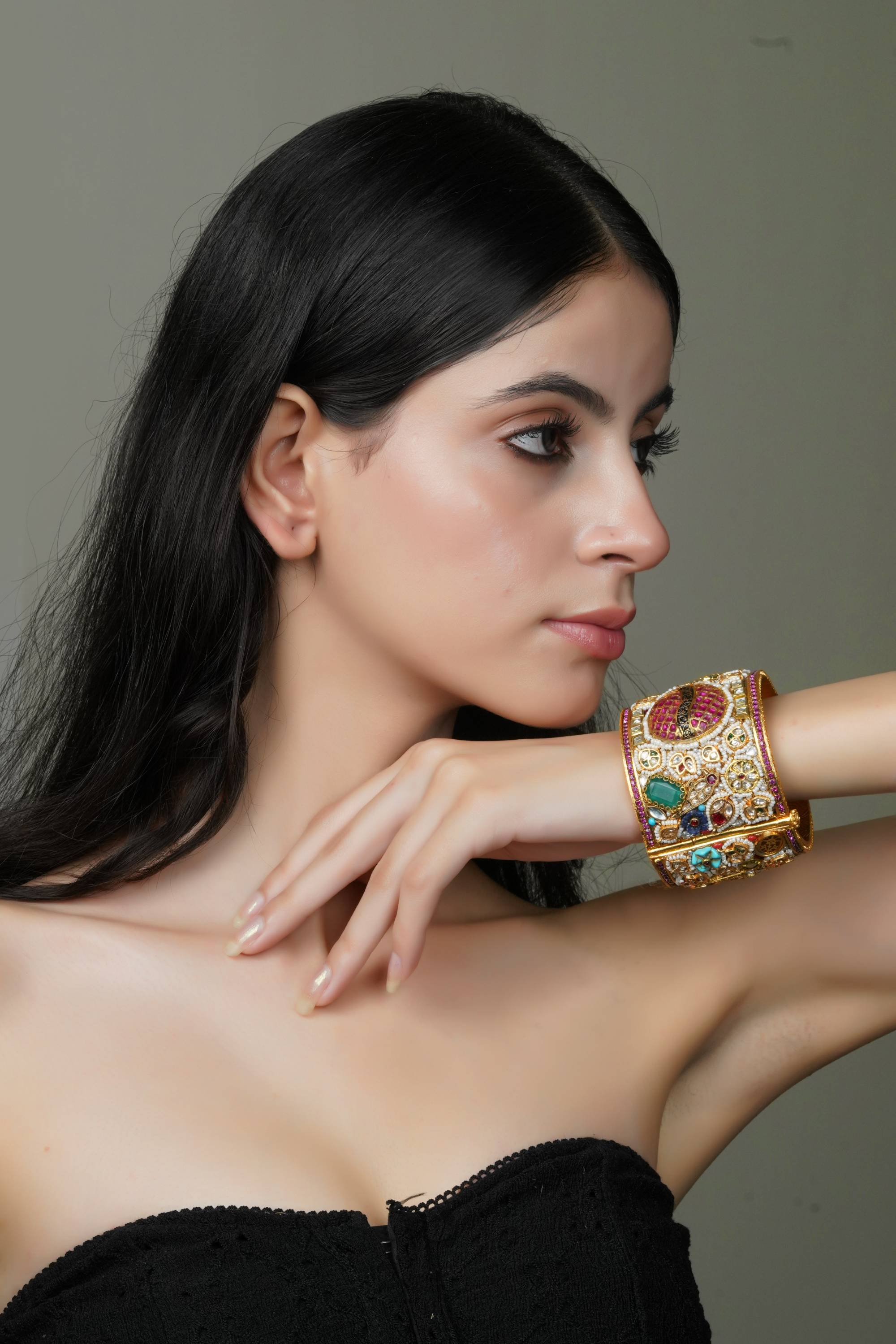 Ornate Multi-Stone & Pearl Gold-Toned Bangle