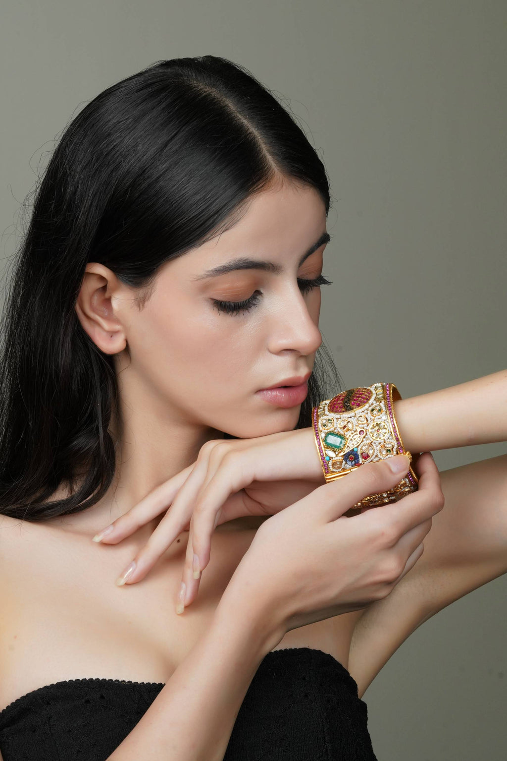 Ornate Multi-Stone & Pearl Gold-Toned Bangle