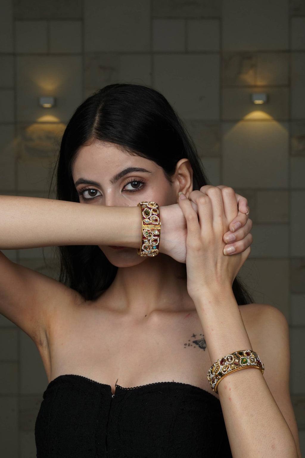 Traditional Multi-Stone Gold-Toned Bangle