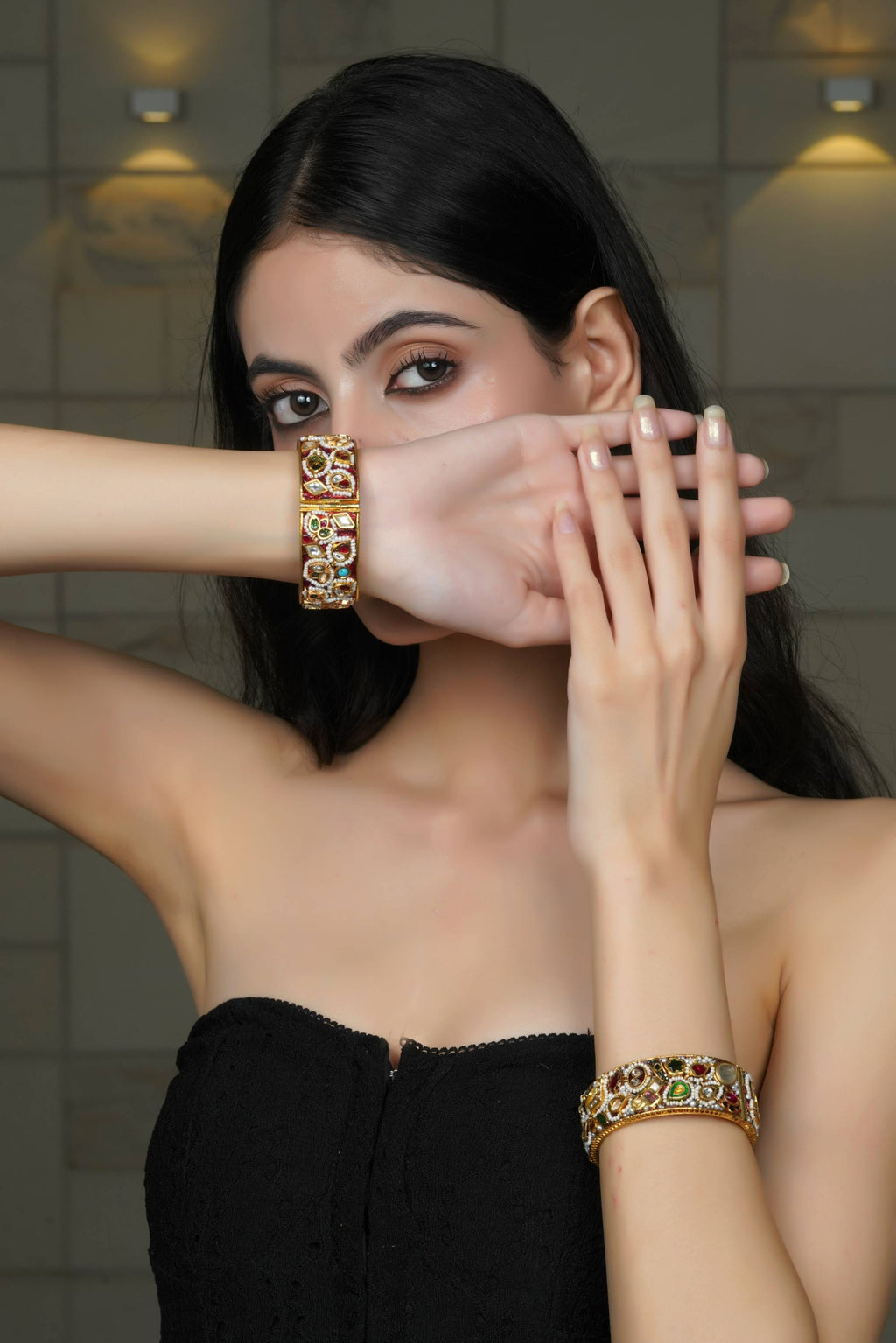 Traditional Multi-Stone Gold-Toned Bangle