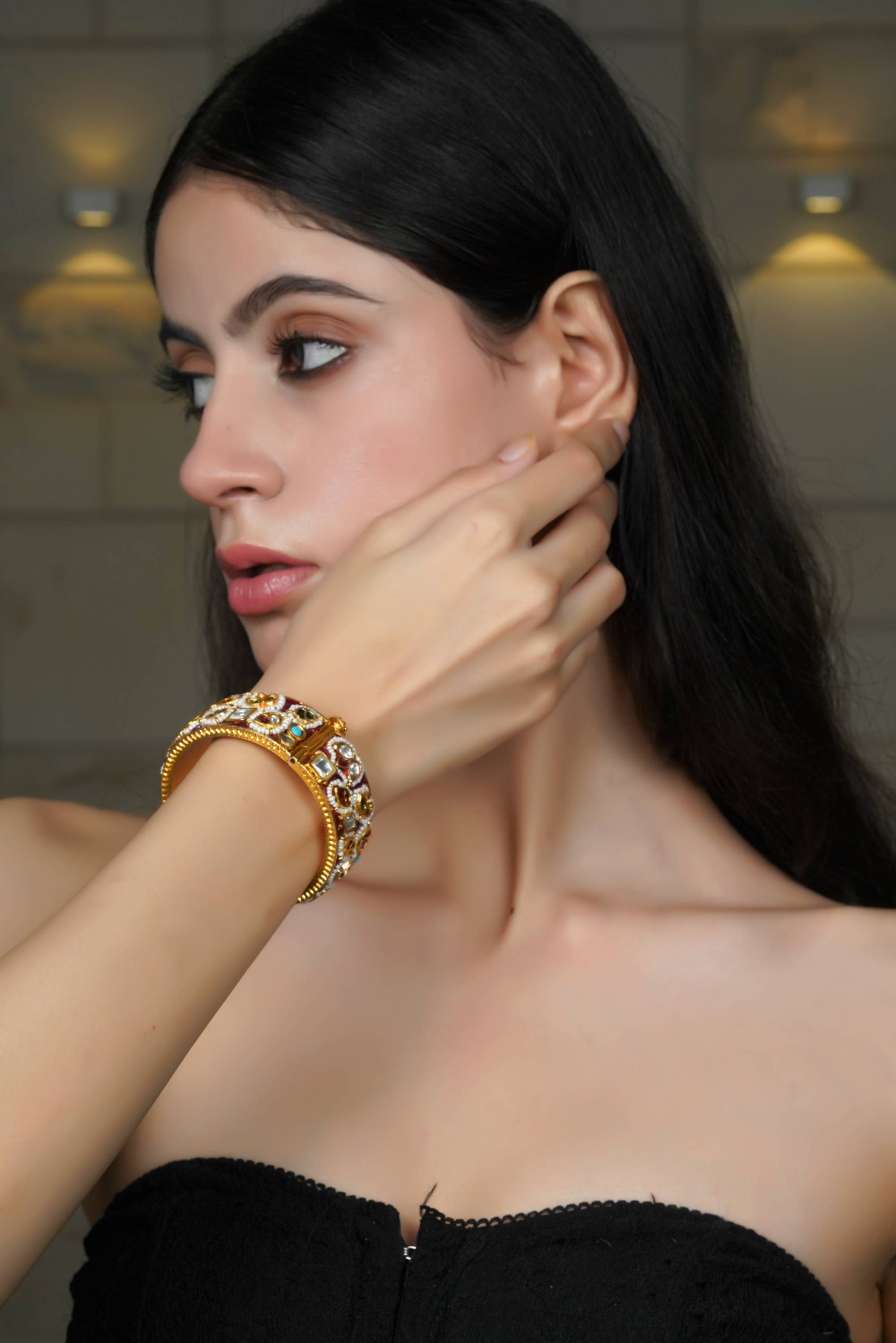 Traditional Multi-Stone Gold-Toned Bangle