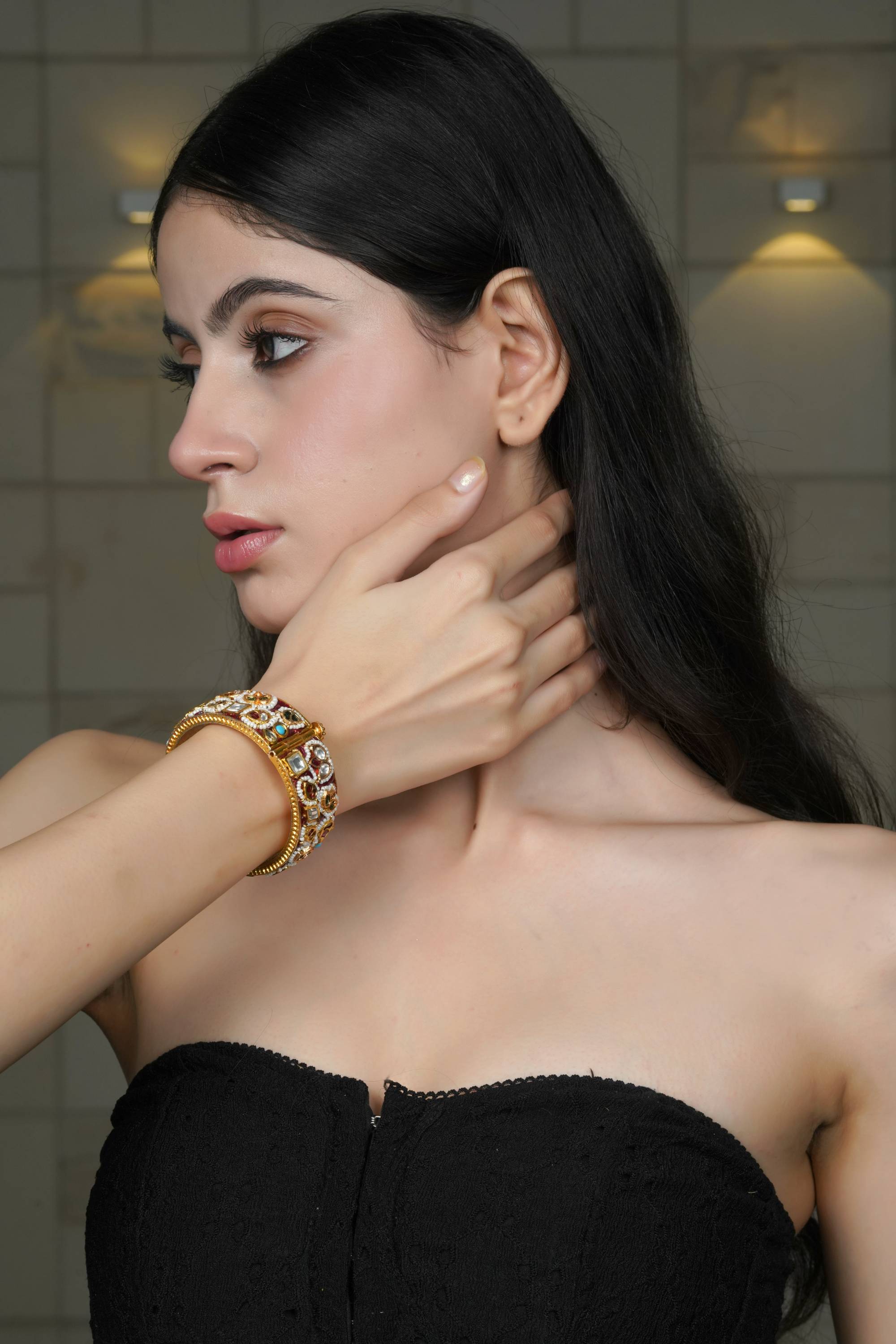 Traditional Multi-Stone Gold-Toned Bangle