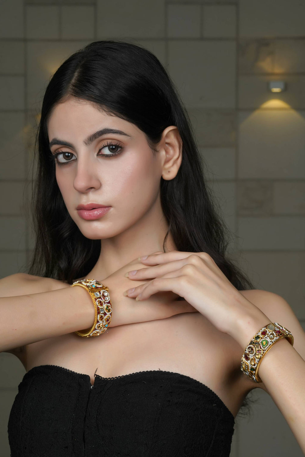 Traditional Multi-Stone Gold-Toned Bangle