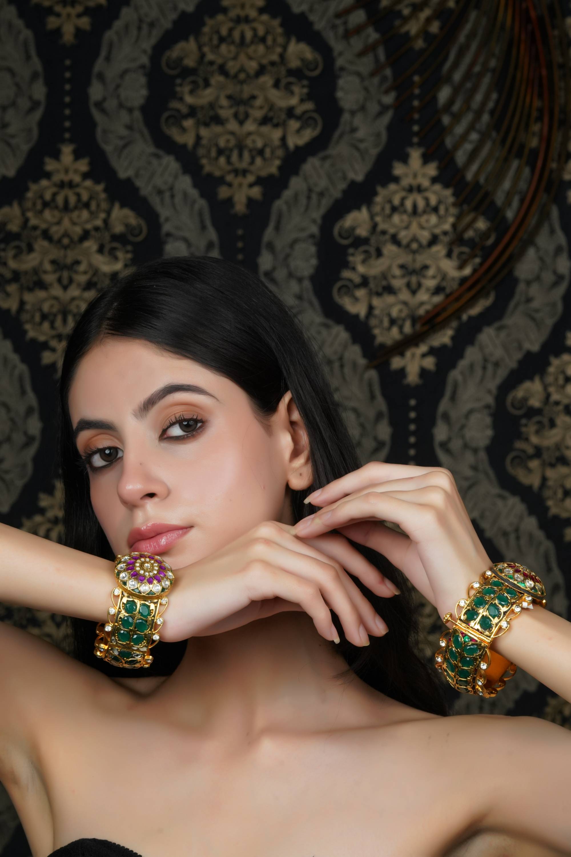 Intricate Emerald & Kundan Gold-Plated Bangle
