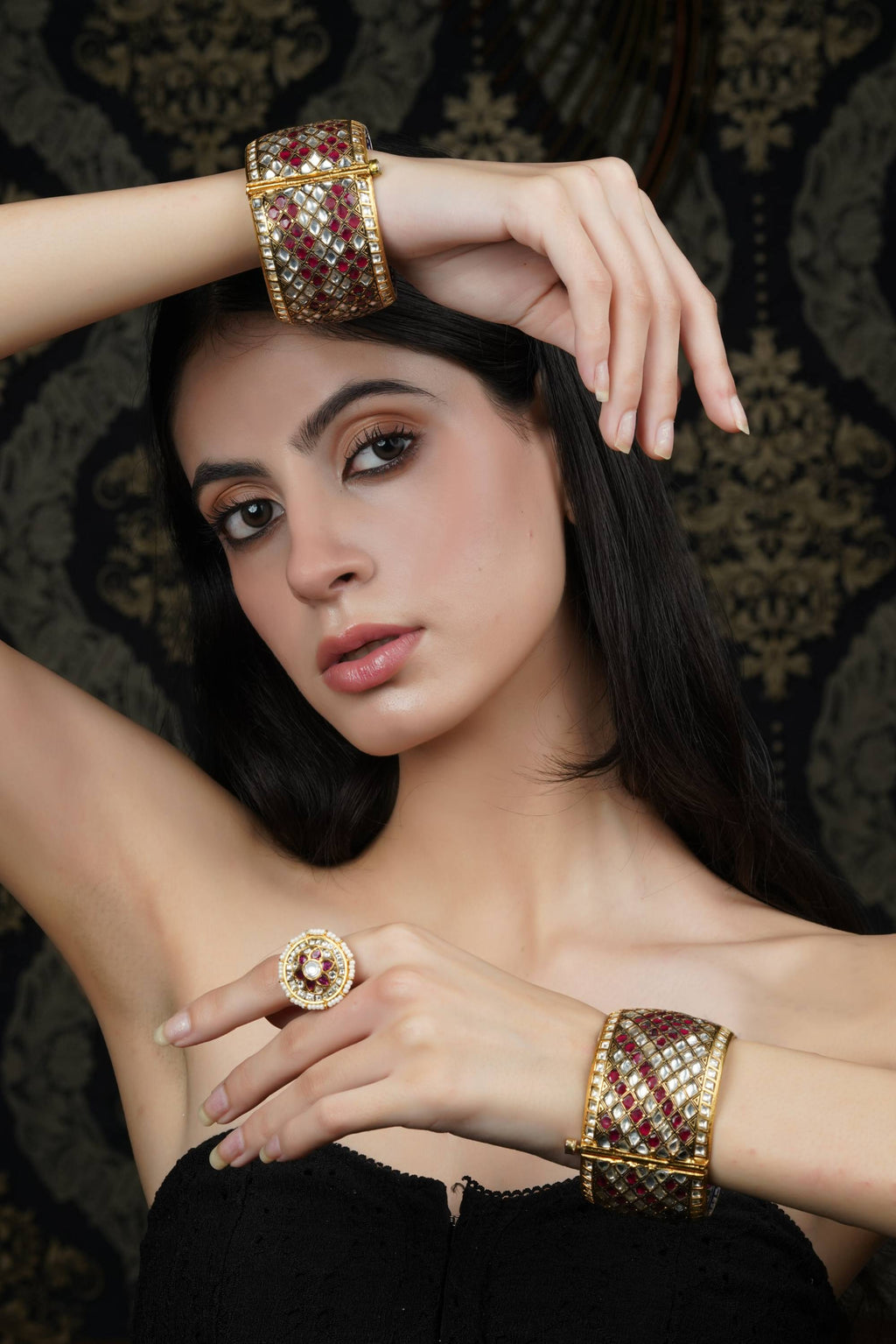 Gold-Toned Ruby & White Stone Lattice Bangle