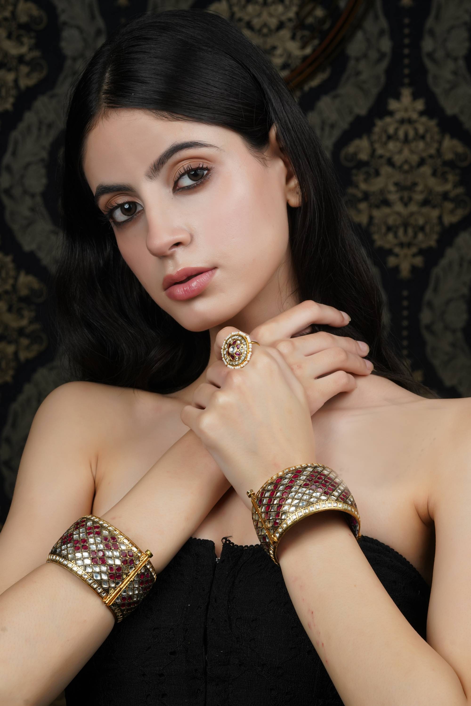 Gold-Toned Ruby & White Stone Lattice Bangle