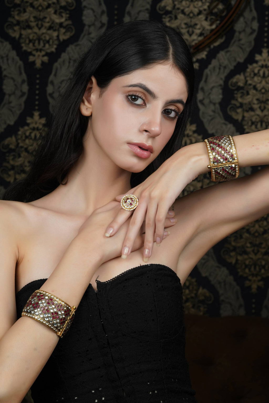 Gold-Toned Ruby & White Stone Lattice Bangle