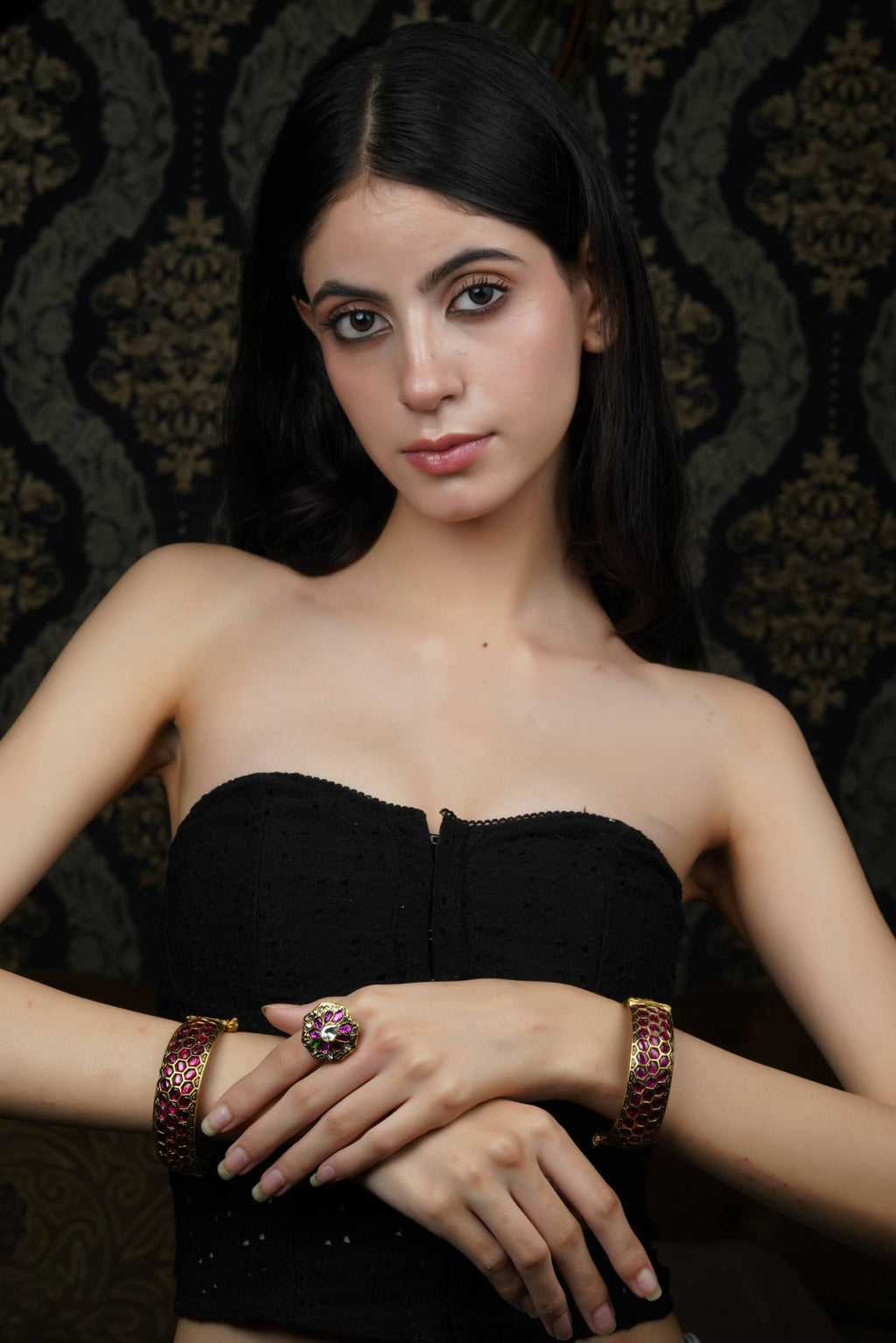 Ruby Red Hexagon Gold Bangle