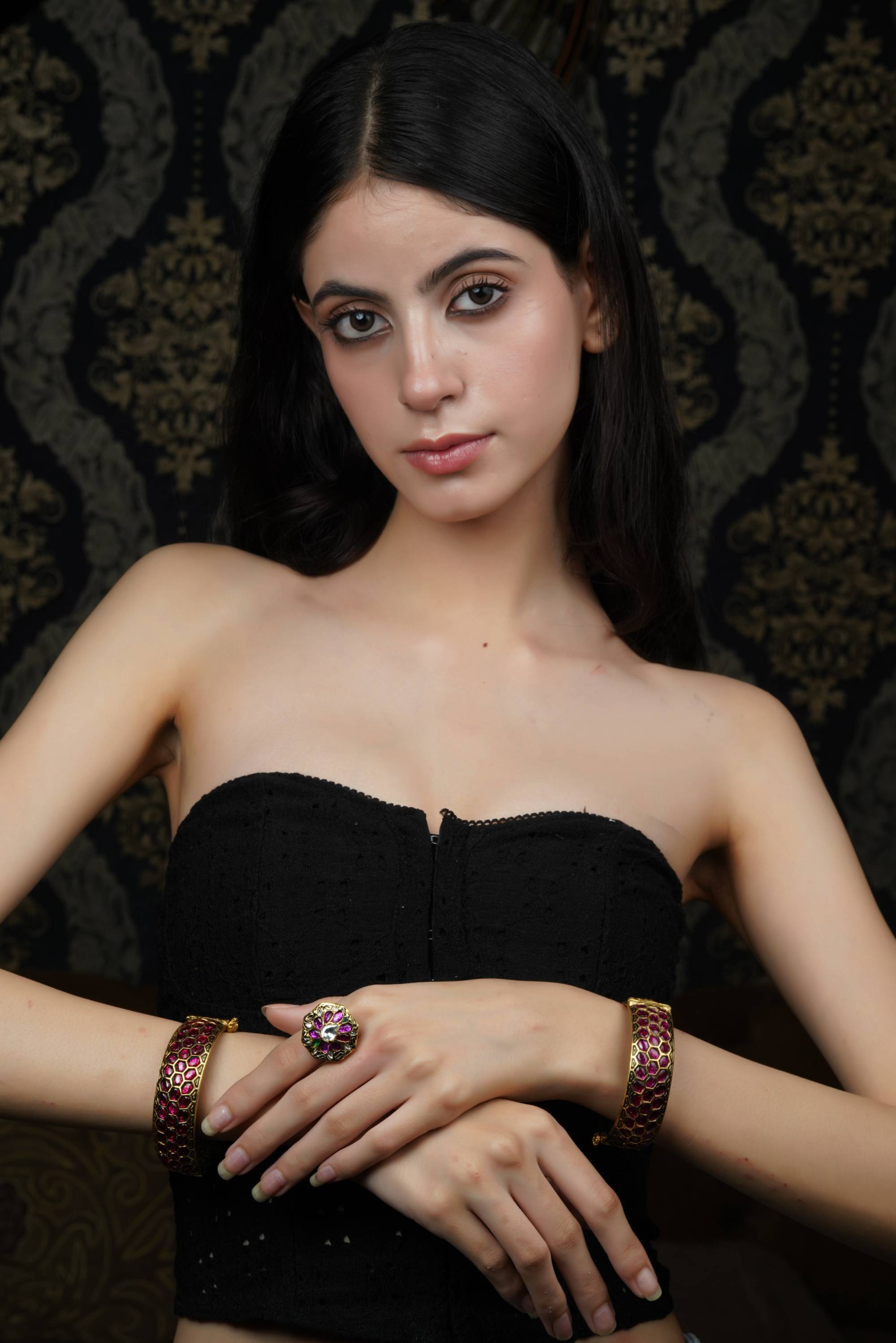 Ruby Red Hexagon Gold Bangle