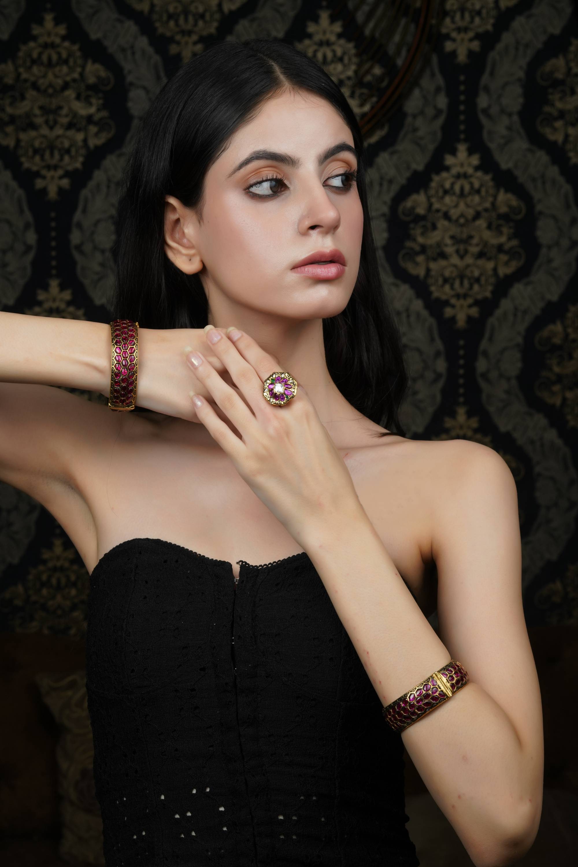 Ruby Red Hexagon Gold Bangle