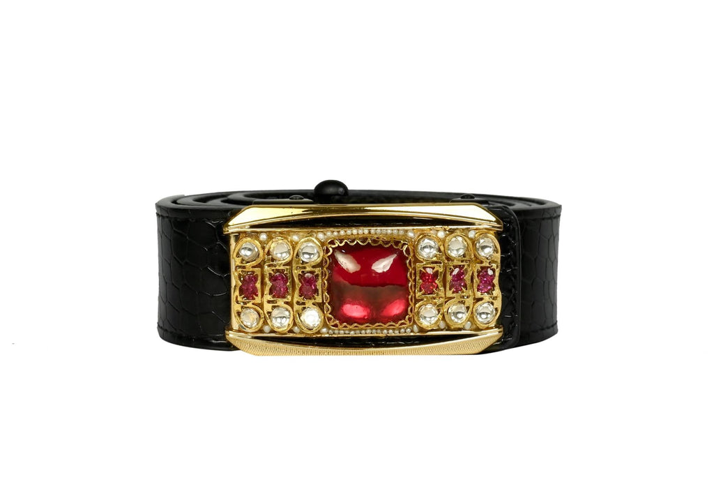 Elegant Black Croc-Embossed Belt with Gemstone & Pearl Buckle