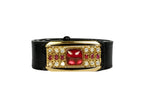 Elegant Black Croc-Embossed Belt with Gemstone & Pearl Buckle