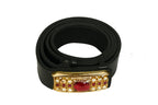 Elegant Black Croc-Embossed Belt with Gemstone & Pearl Buckle