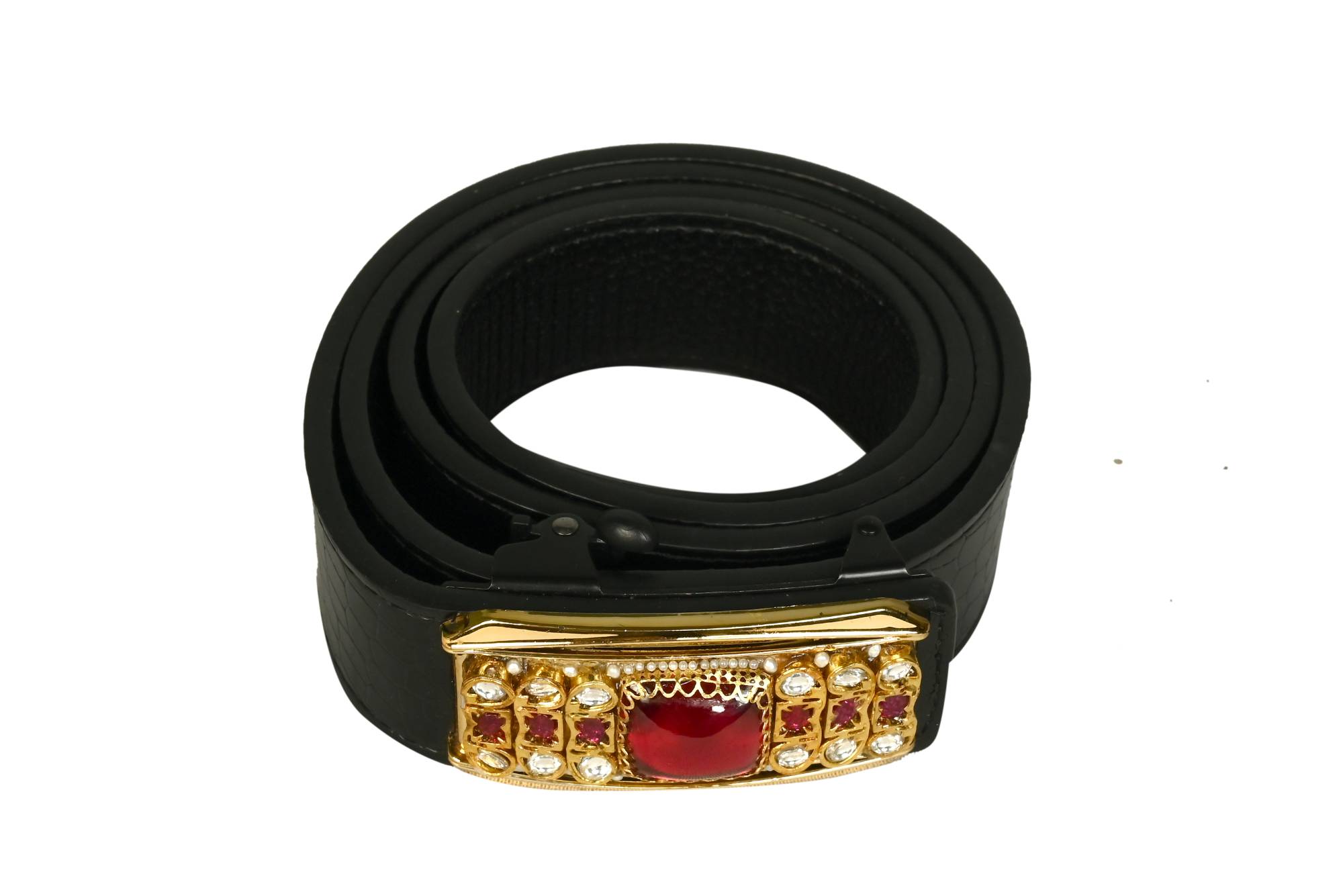 Elegant Black Croc-Embossed Belt with Gemstone & Pearl Buckle