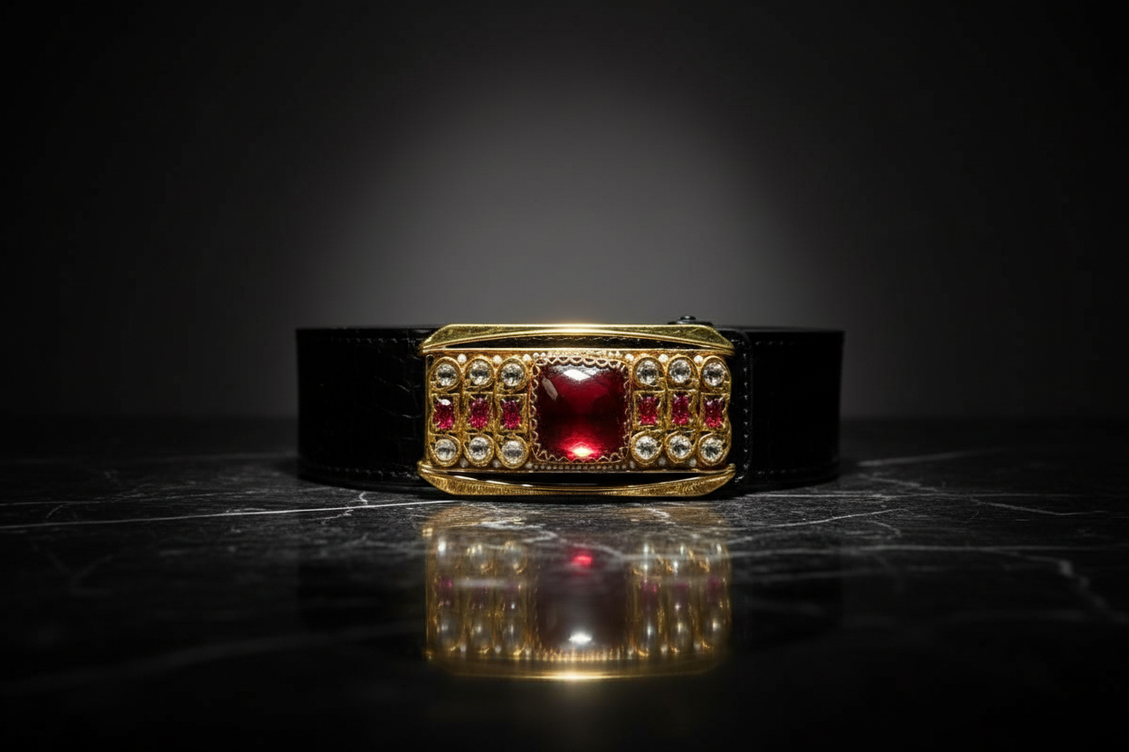 Elegant Black Croc-Embossed Belt with Gemstone & Pearl Buckle