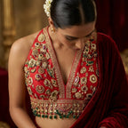 Red Embellished V-Neck Blouse
