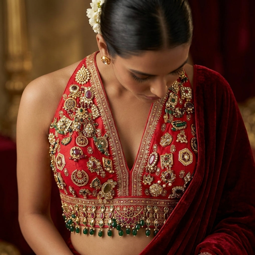 Red Embellished V-Neck Blouse
