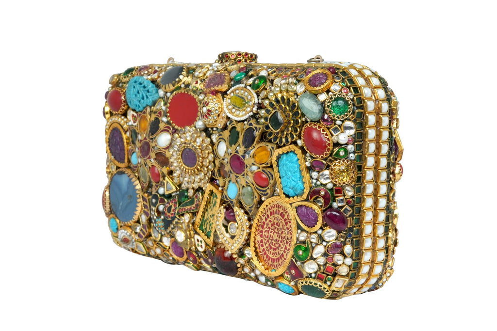 Gold Mirrored Embellished Box Clutch